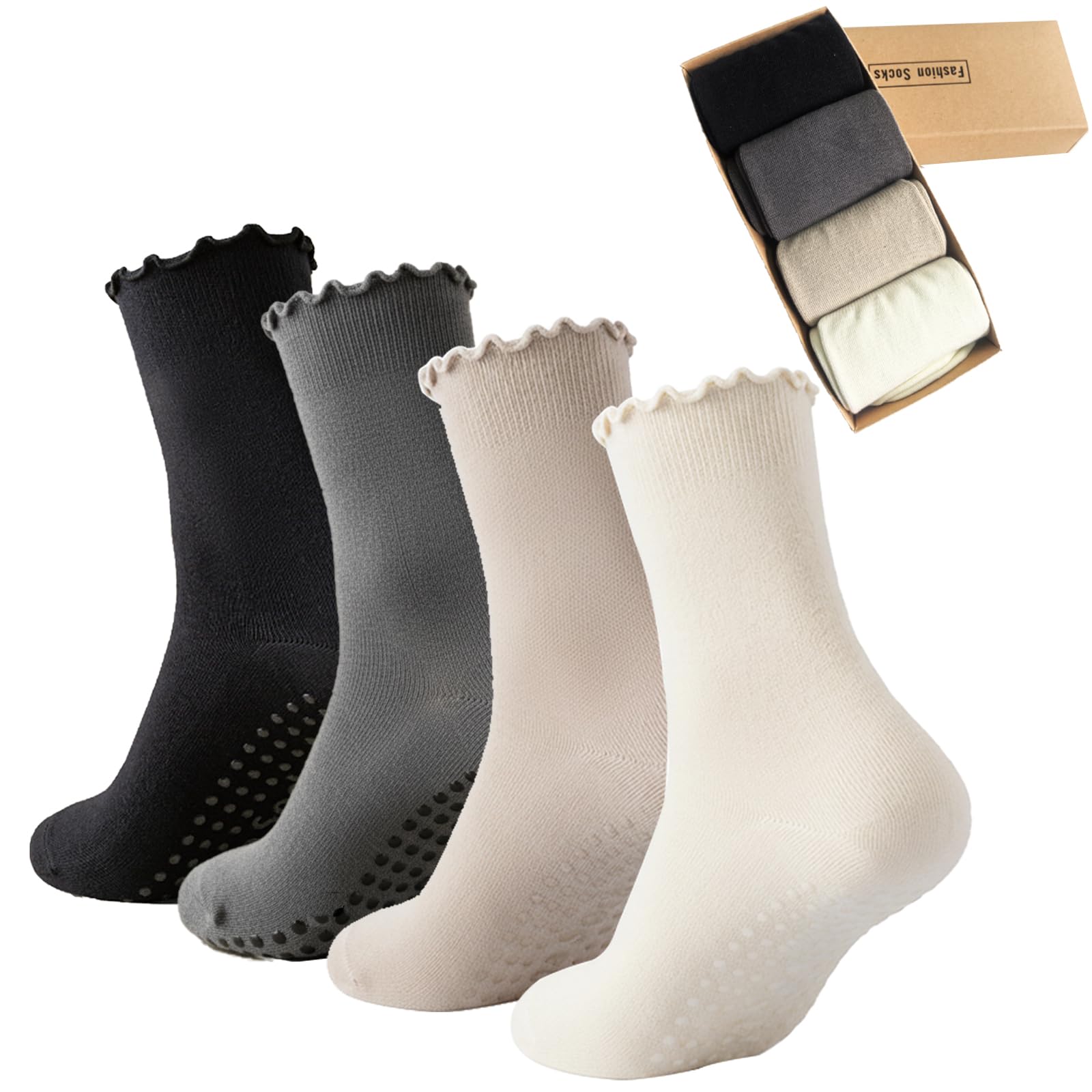 4 Pairs Ruffle Yoga Socks for Women,Cute Frilly Non-Slip Grips Socks for Pilates,Fitness,Hospital,Pregnant