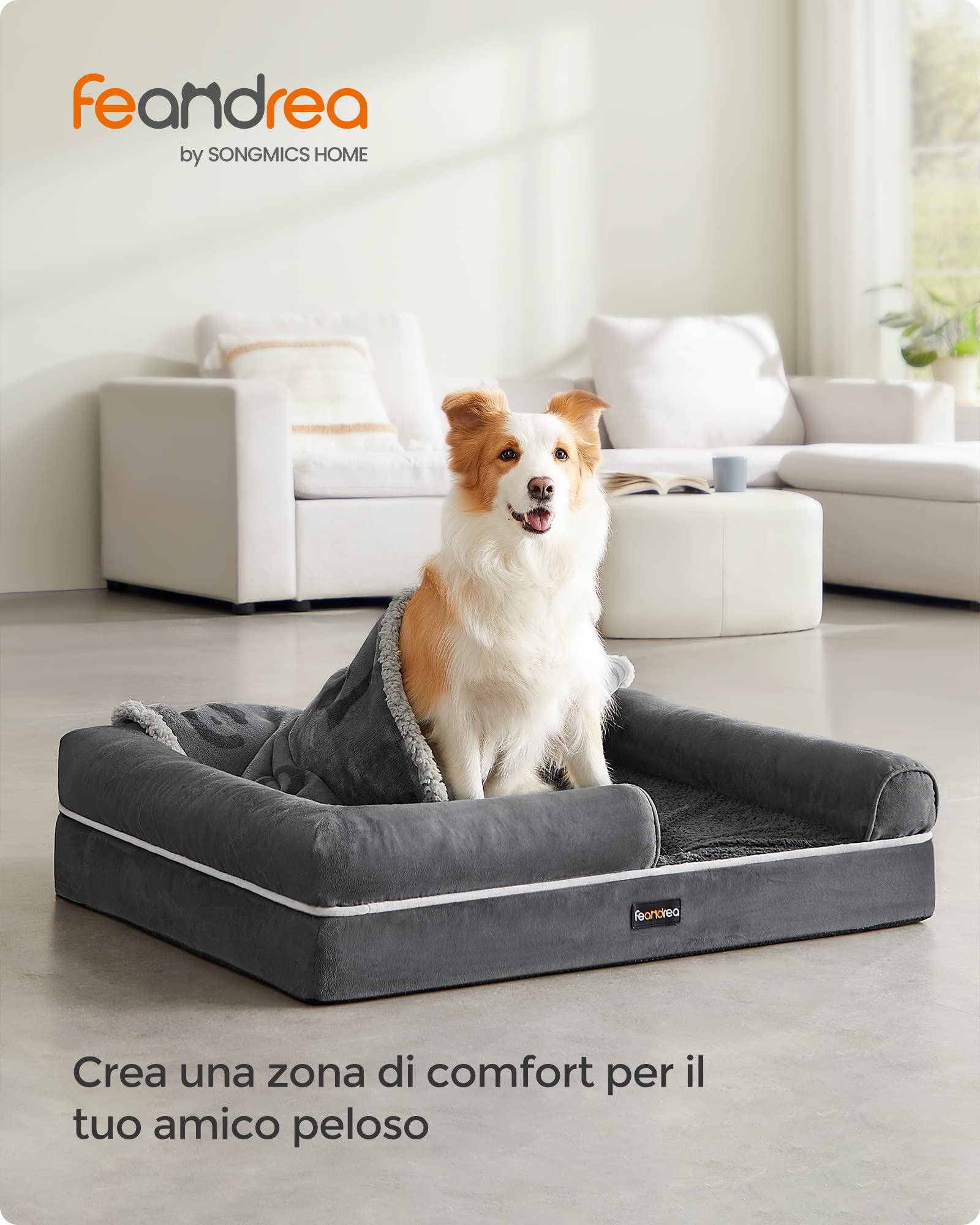 Feandrea Cuccia per Cani Ortopedica, Letto Divano per Animali, Imbottitura Morbida, Bordi Rialzati, Copertura Sfoderabile e Lavabile, 91 x 71 x 20 cm, Fondo Antiscivolo, Grigio Scuro PGW076G01
