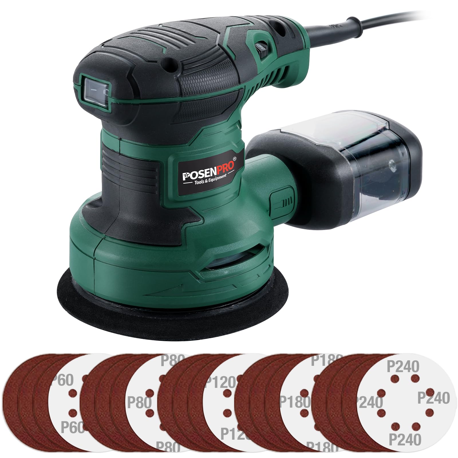 POSENPRO Ponceuse Excentrique 300W, Ponceuse Orbitale Aléatoire Ø125mm, 6 Vitesses Variables, 7,000 à 13,000 Orb/min, 20Pcs Disque Abrasif, Ponceuse Bois avec Collecte de Poussière pour le Polissage