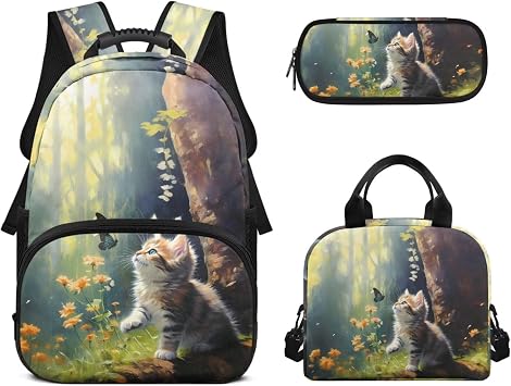 3 Piece Kindergarten Elementary Boys Backpack Sets Black Cat Print 3 In 1 Bookbag Rucksack School Bag with Zipper Pockets Kids Lunch Bag Handbags Pencil Case
