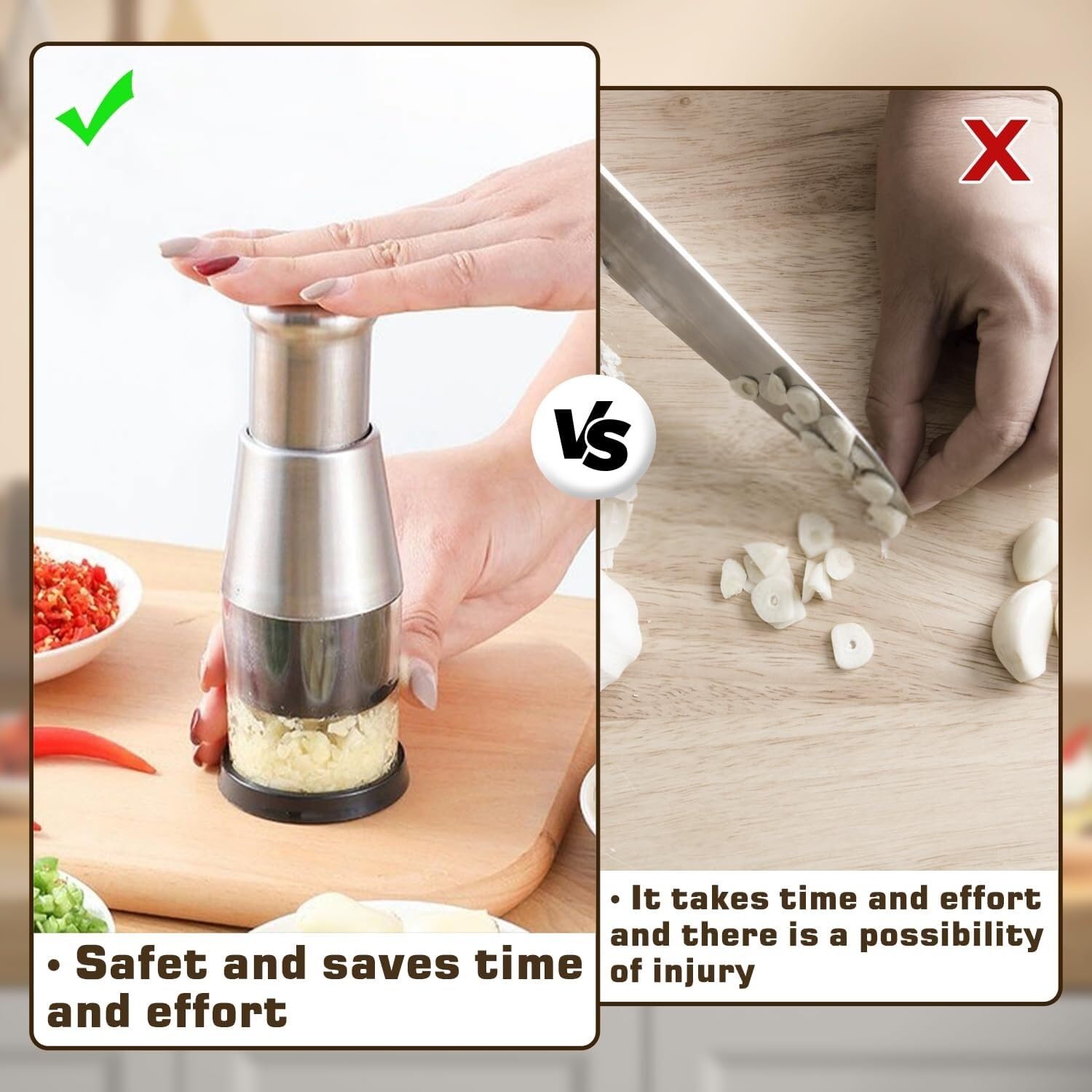 Knoblauchpresse Edelstahl Manueller Fleischwolf für Knoblauch, Ingwer, Zwiebel – Küchenpresse mit Griff und Schäler, ideal für Salatdressing und Kochen