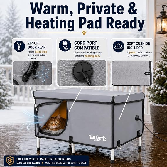 Outdoor Cat House Elevated,Insulated Feral Cat House Outdoor for Winter,Waterproof Cat Bed with Cozy Cushion(Grey, Large)