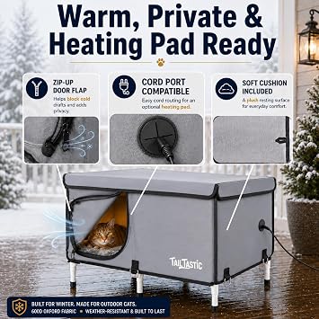 Outdoor Cat House Elevated,Insulated Feral Cat House Outdoor for Winter,Waterproof Cat Bed with Cozy Cushion(Grey, Large)