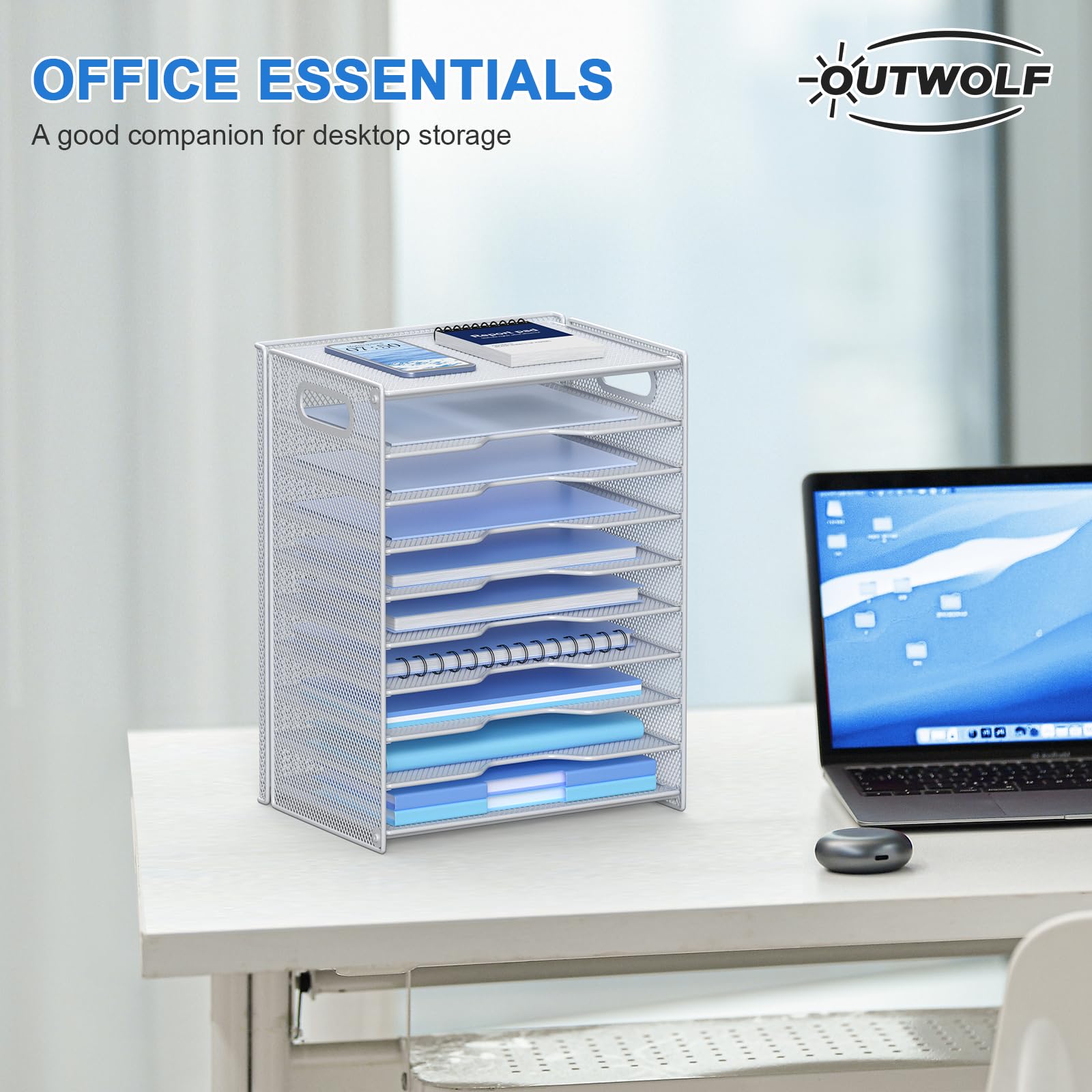 OUTWOLF Papier-Organizer mit 10 Ebenen, Briefablage, Netzstoff, Schreibtisch-Organizer mit Griffen, für Büro, Schule, Schreibtisch, Weiß