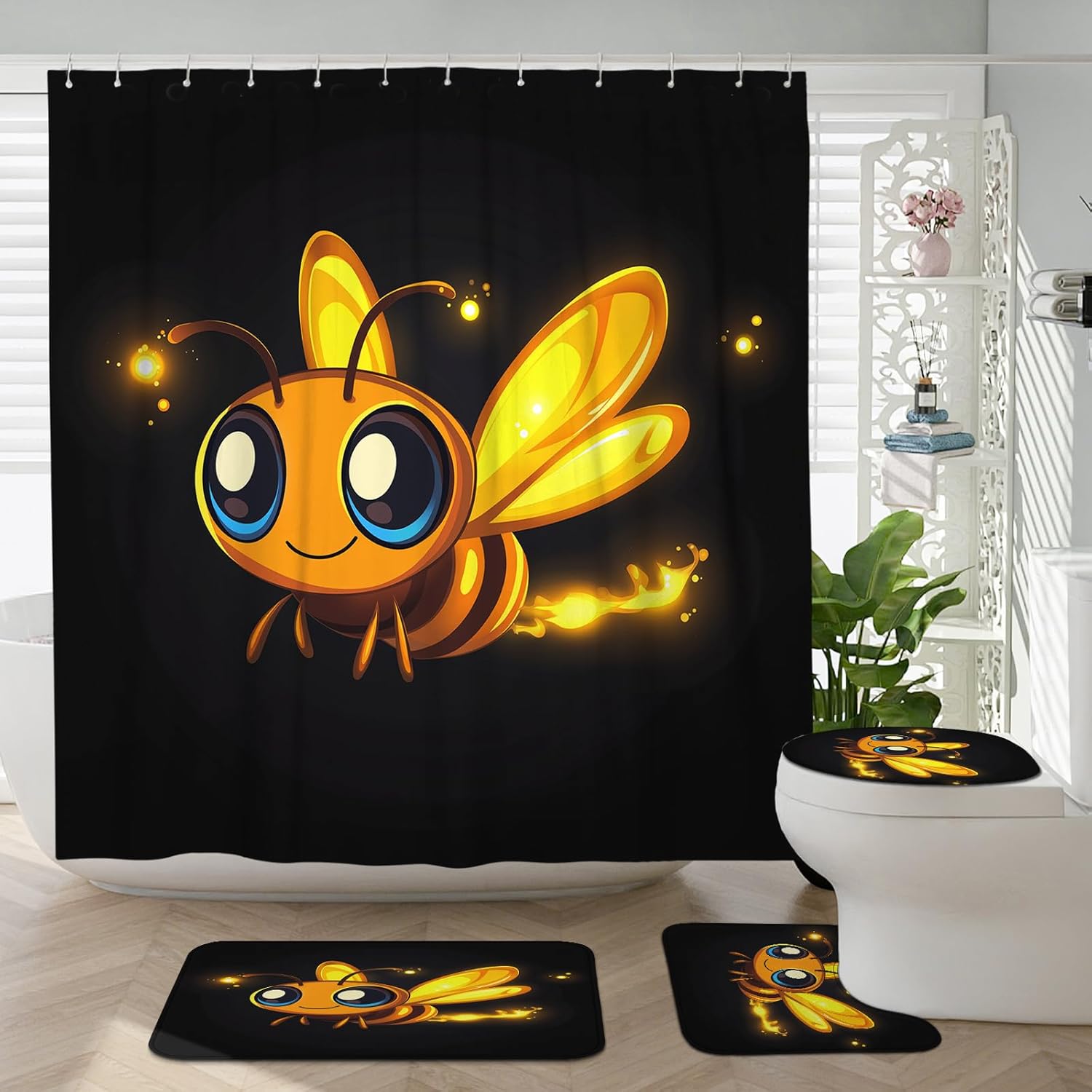 4PCS Kids Fun Firefly Bathroom Sets, Bath Accessory with Non-Slip Rug, U Shape and Toilet Lid Cover Mat, Cute Cartoon Insect Bathroom Decor-72''x72''