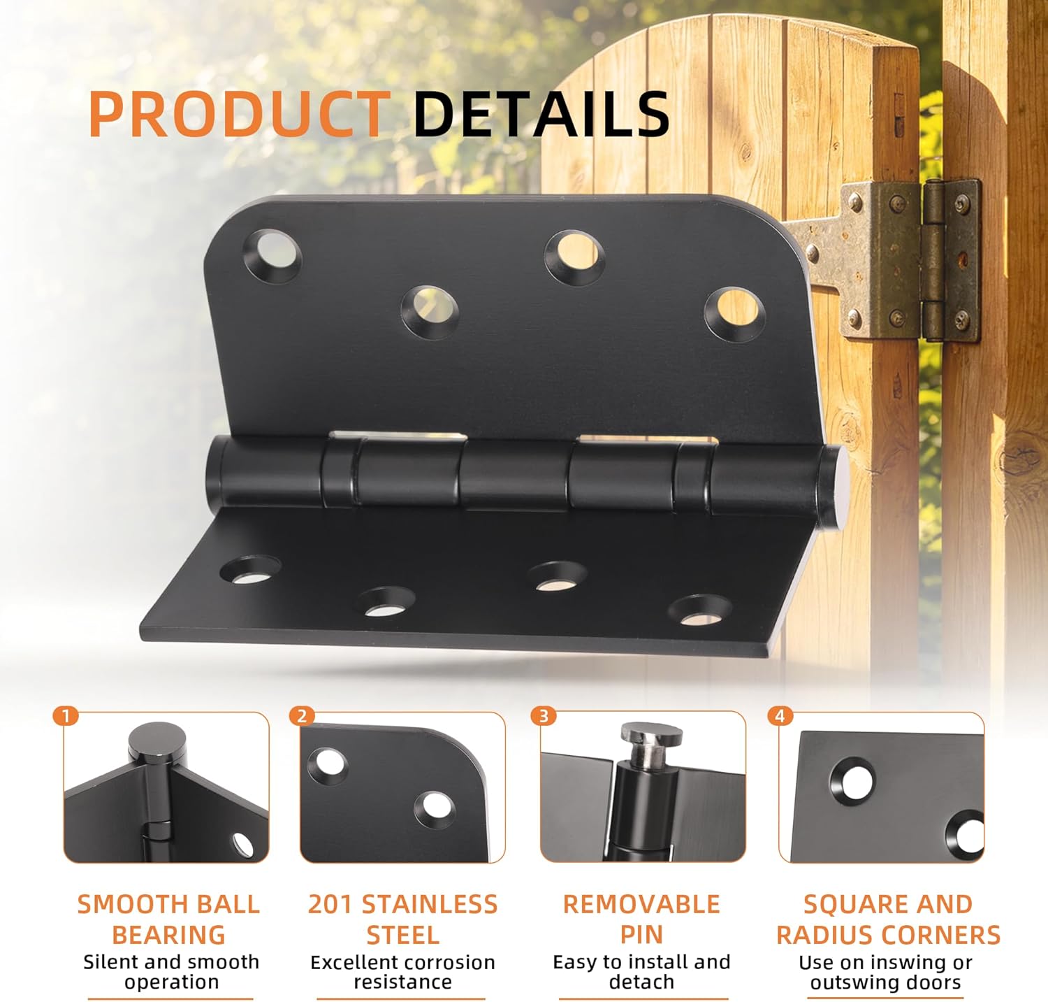 3 Pack Black Heavy Duty Pin Removable 4" X 4 Inch Stainless Steel Ball Bearing Square Door Hinges with 5/8" Radius Corners, Heavy Duty Interior & Exterior Door Hardware for Left & Right Doors Hinge