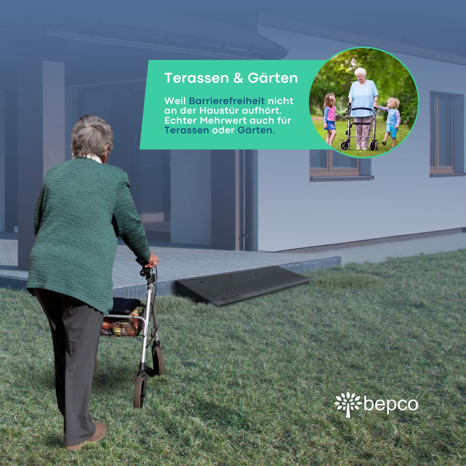 bepco Premium Schwellenrampe - Auffahrrampe aus recycltem Gummi, mit eingelagerten Unterlegscheiben für Terassen, Türschwellen, Bordsteinkanten, Treppen (ohne Befestigung, 100 x 35 x 10 cm)
