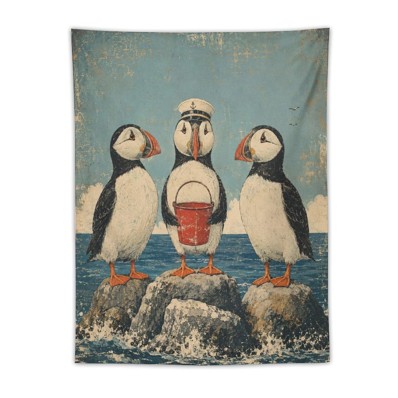 W7C8U2X3 Puffin Trio with Bucket Wall Tapestry, Folk Art, Entryway