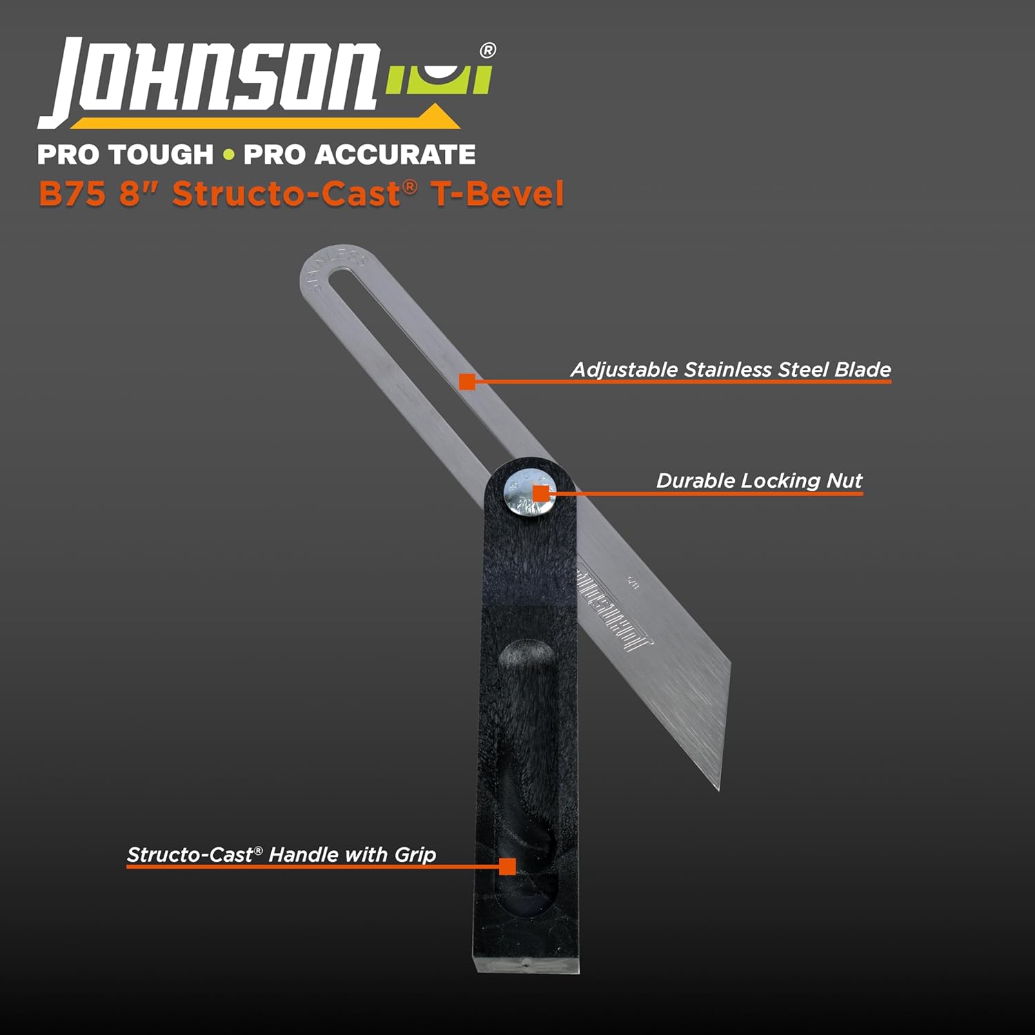 Johnson Level & Tool B75 T-Bevel – Structo-Cast Handle, 9", Silver, 1 T-Bevel