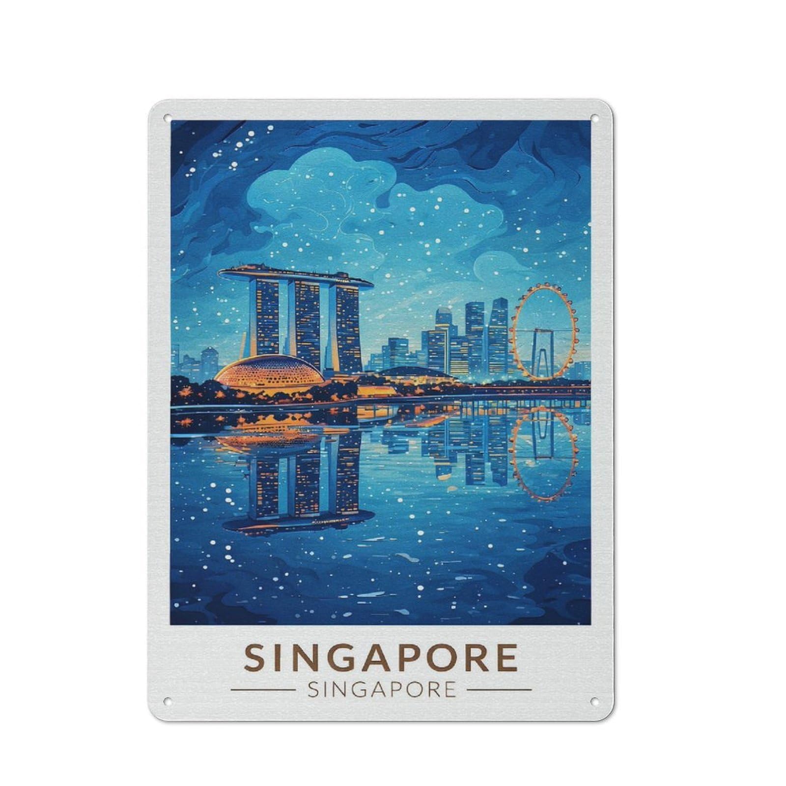 Junmoney Style-11 Vintage Metal Plaque 40X30cm Featuring Singapore Skyline Reflection, Diner Style Decor For Restaurant, Kitchen, Counter Or Breakfast Nook