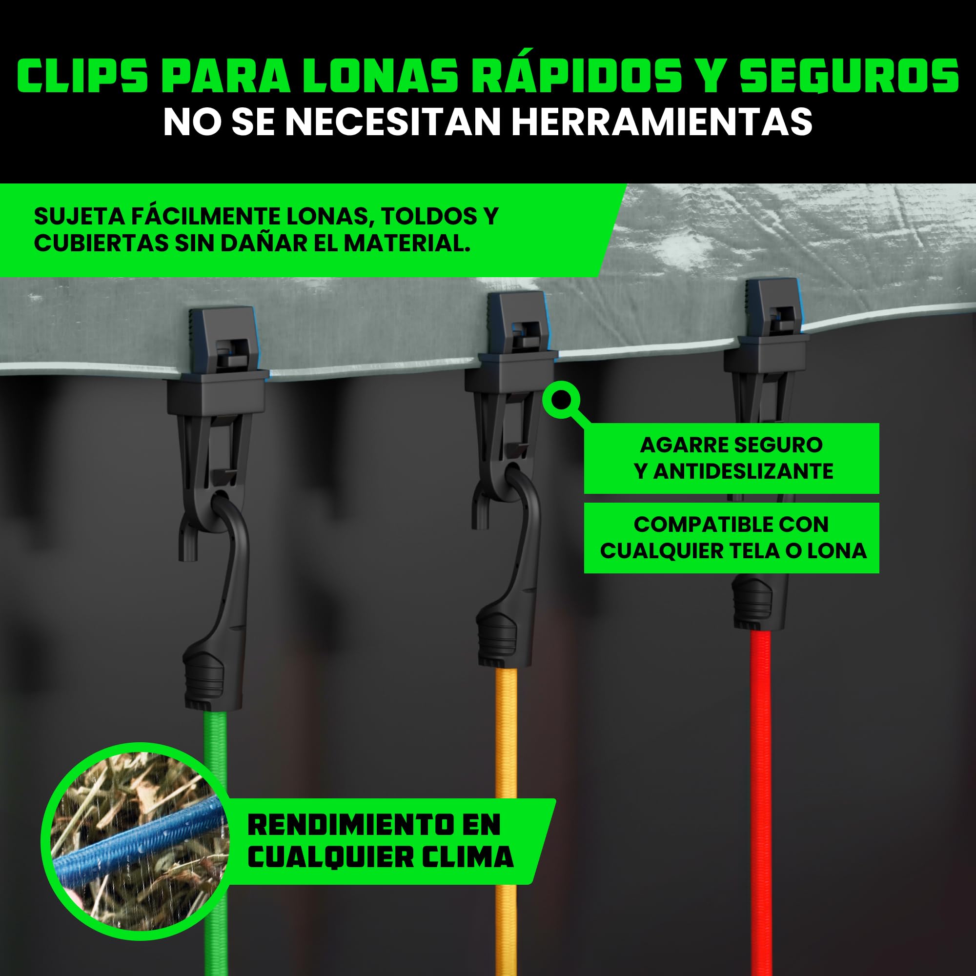 Rhino USA Cuerda Elástica con Ganchos (28 Piezas) Pulpos Elástico con Gancho, Cortos y Largos - 4 Clips para Lona Gratis, Bolsa con Cordón, Cuerdas para Toldo & Bungee Cord - Resistentes a Rayos UV