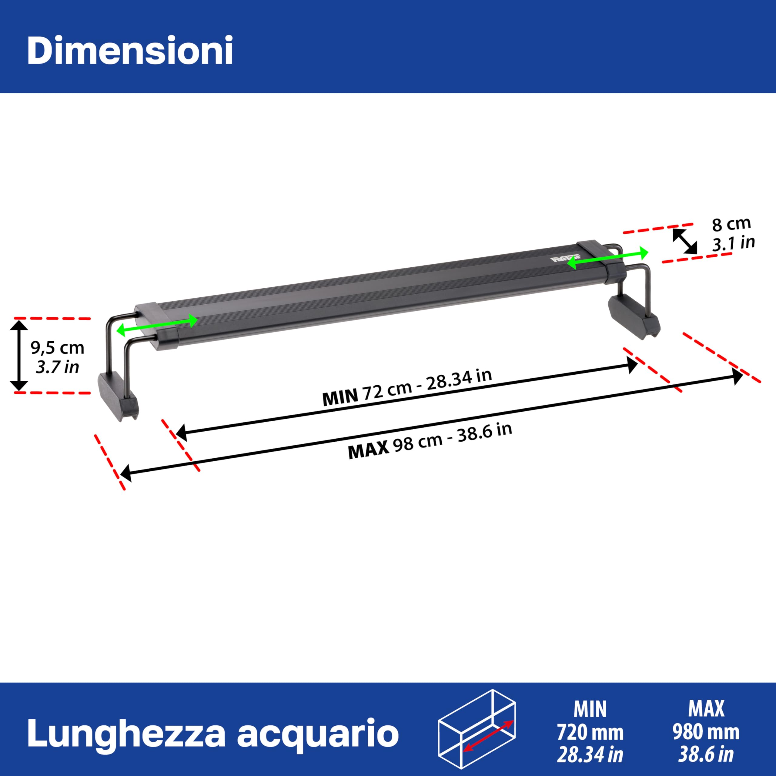 Hydor AQ-LUX REEF 700 Lampada LED per Acquario Marino 36 W (1400 lm) Spettro professionale, Dimmer e Timer Programmabile, Staffe Regolabili, Alimentatore Incl, IP67, 72 x 8 x h 9,5 cm.