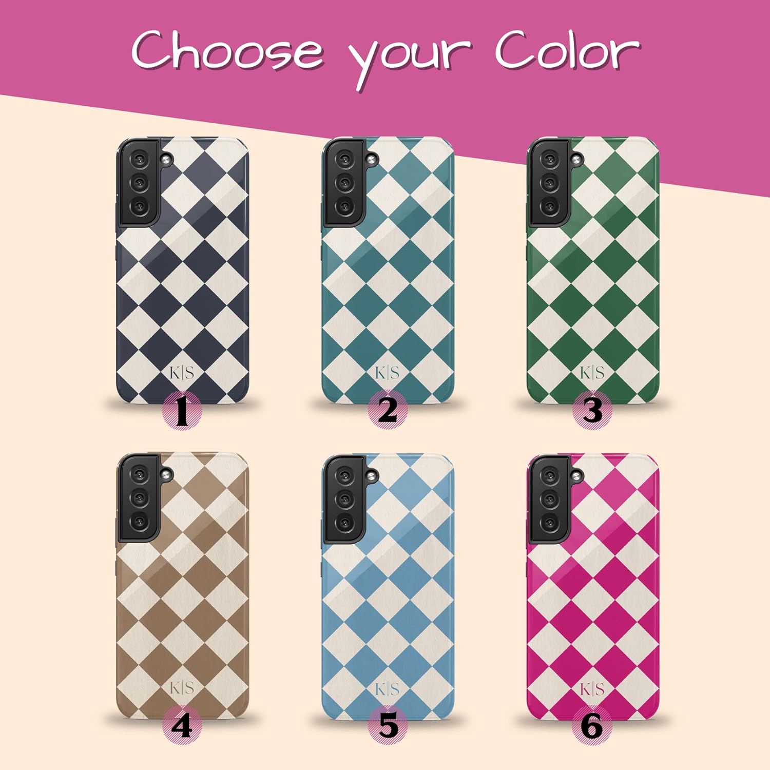 Custom Initials Argyle Checkerboard Personalized Name Phone Case, Compatible with Samsung Galaxy S26 Ultra, S25 Plus, S24, S23, S22, S21, S20 Teal