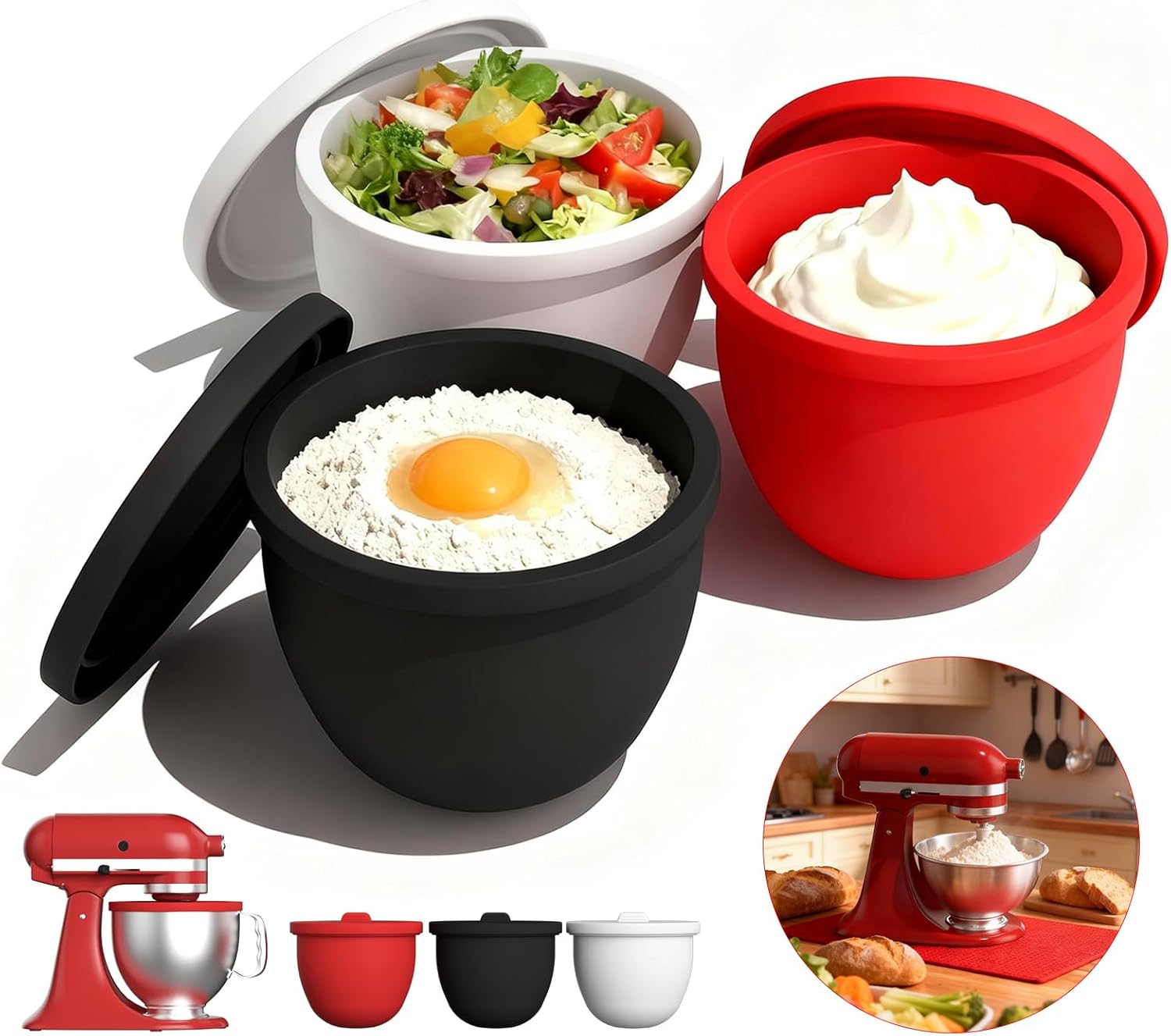 Silicone Bowl Liners for 5 Qt KitchenAid Mixers,3 Liners with Lids,Compatible with Stand Mixers,Non-Stick,Dishwasher Safe,for kitchen aid accessories and attachments,White&Red&Black
