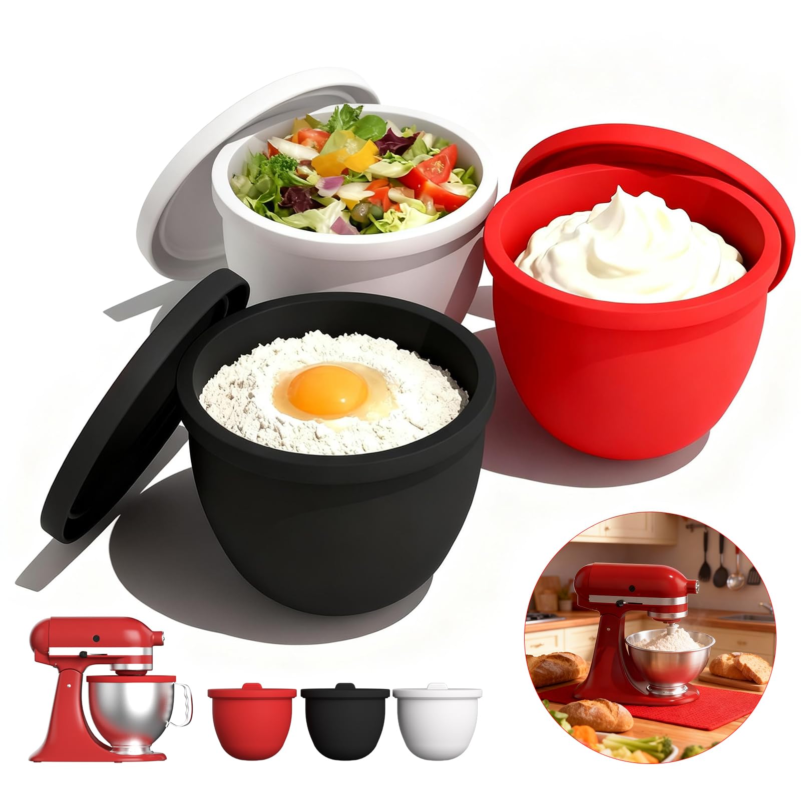Silicone Bowl Liners for 5 Qt KitchenAid Mixers,3 Liners with Lids,Compatible with Stand Mixers,Non-Stick,Dishwasher Safe,Kitchen Accessory,White&Red&