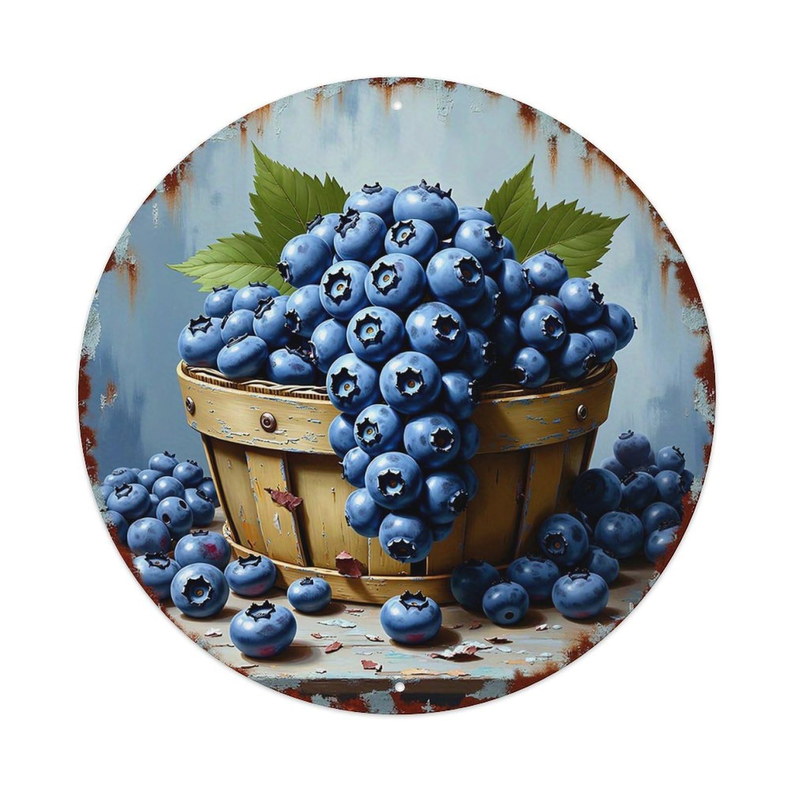 Blueberry Basket Rustic Background Leaves Retro Metal Sign Round Tin Sign, Vintage Decor Art Poster for Bar, Home, Man Cave, Kitchen, Laundry Room Gift 8x8Inch