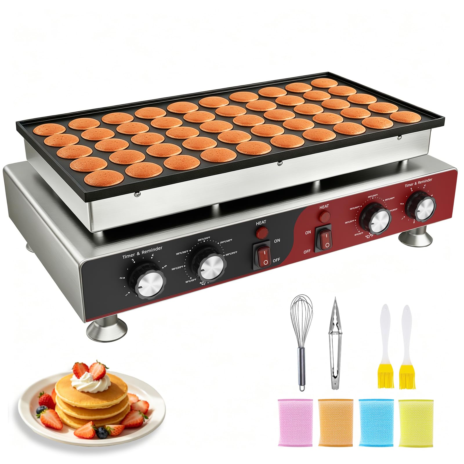 PATIOZA 50 Holes Mini Pancake Maker With Accessories,1800W Commercial Nonstick Mini Dutch Pancakes With Dual 5min Time Control,Temperature Control 50°C - 300°C for Commercial Home Use