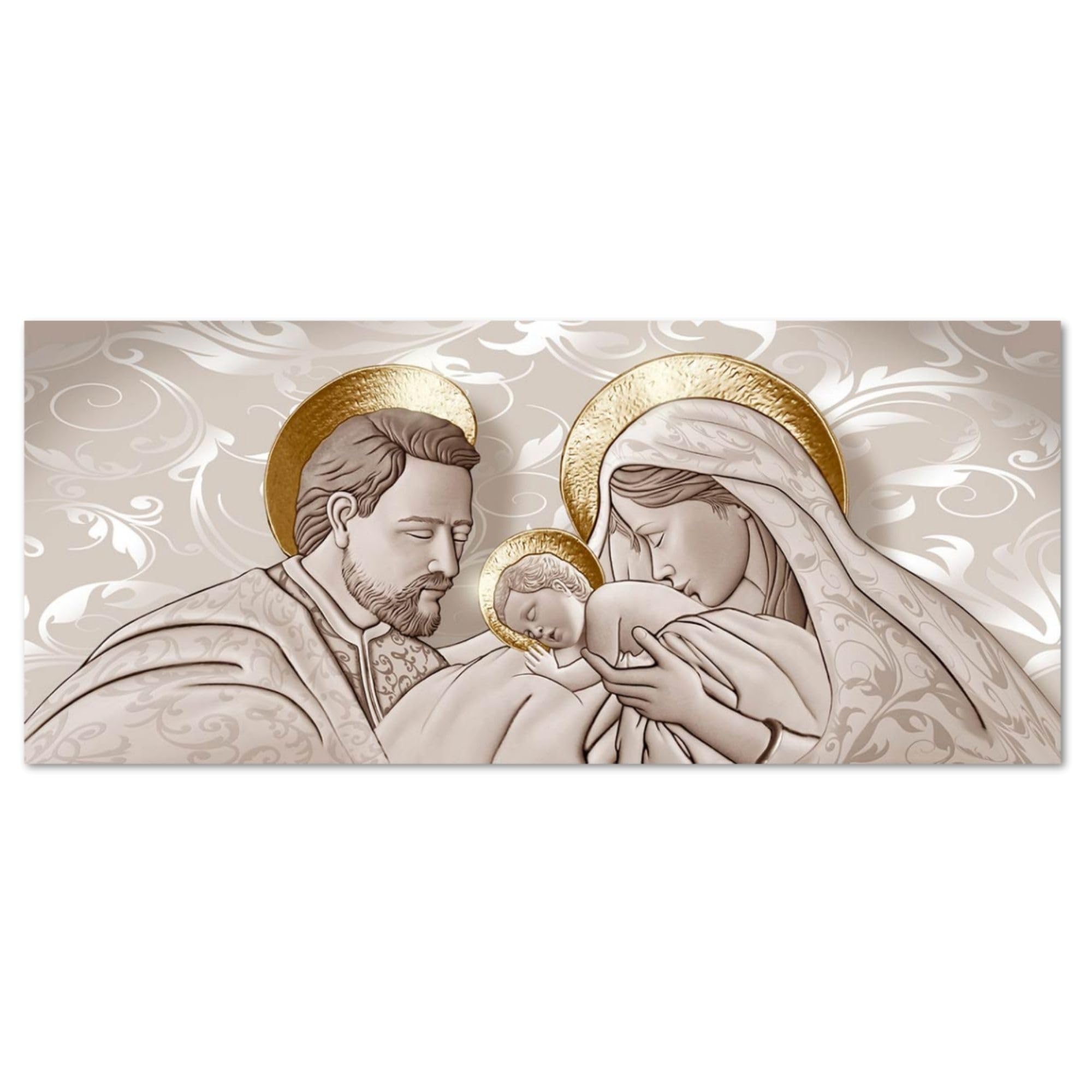 Lupia - Cuadro Moderno Sagrada Familia, Arte Religioso de Alta Definición, Decoración de Pared Artesanal Italiana, Ideal para Sala de Estar y Despacho, Marrón, 52x122 cm, PVC