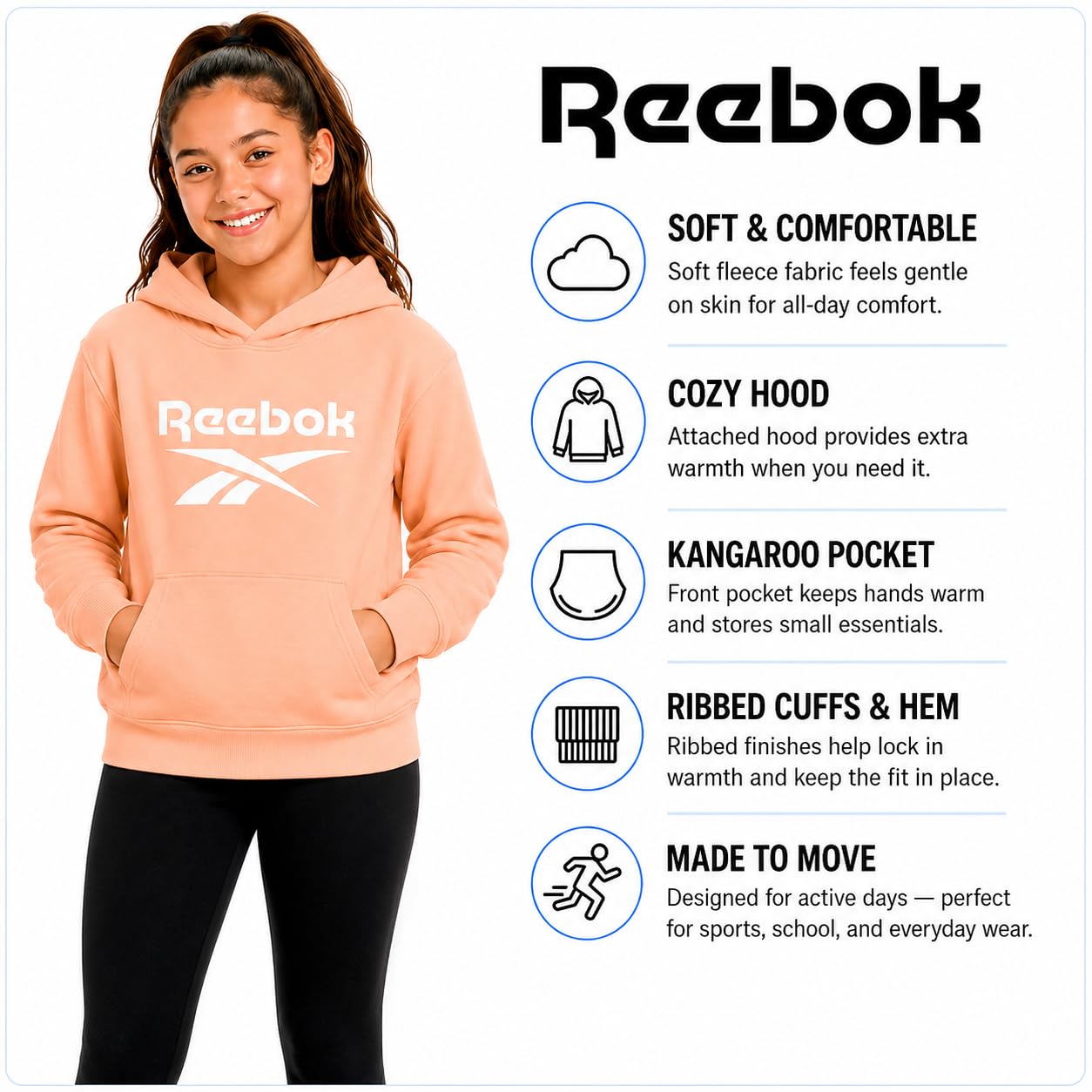 Reebok Mädchen-Kapuzenpullover – weiches Fleece, mittelschwer, Kinder-Kapuzenpullover, modisch, lässig, Herbst und Winter