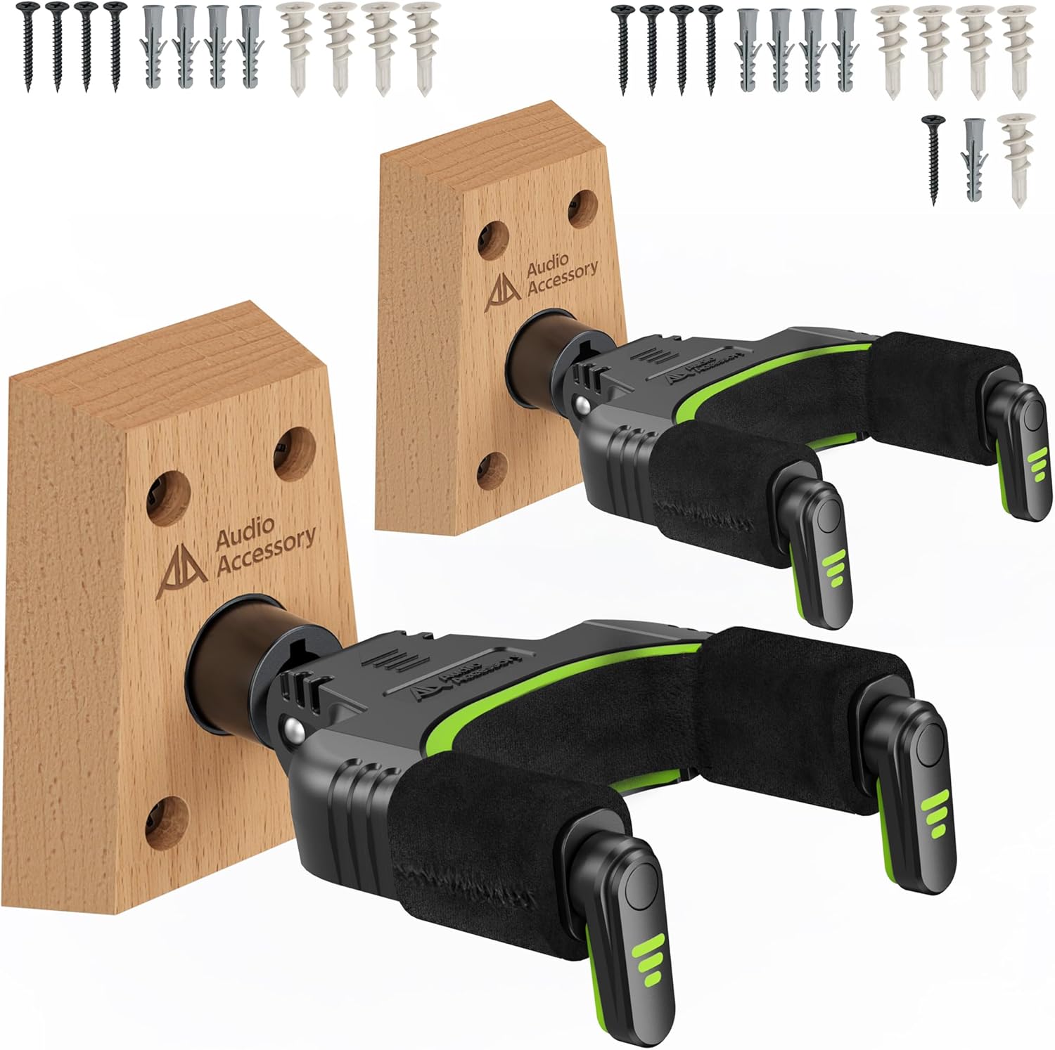 Guitar Wall Mount Autolock 2-Pack - Nitro Friendly Velvet Hook (Heavy-Duty Design) 4-Screw Wood Base of 20lbs Load Guitar Wall Hanger for Bass, Acoustic, Classical, Electric Guitar