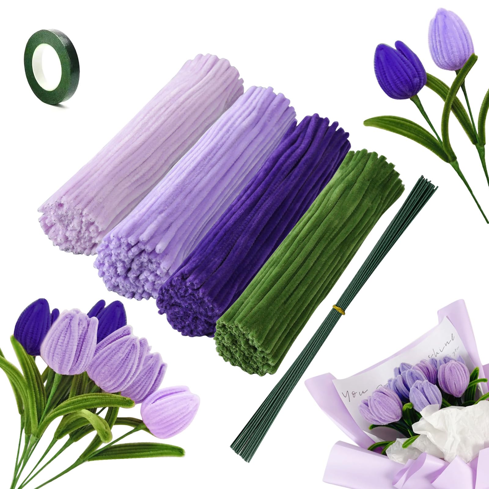 ANBOWEI Pipe Cleaners for Craft Flowers, Purple Pipe Cleaners Chenille Stems, 240pcs Thick Pipecleaners Flower Kit for Tulip Bouquet with 15 Green Flower Stems and 1 Florist Tape(Purple)