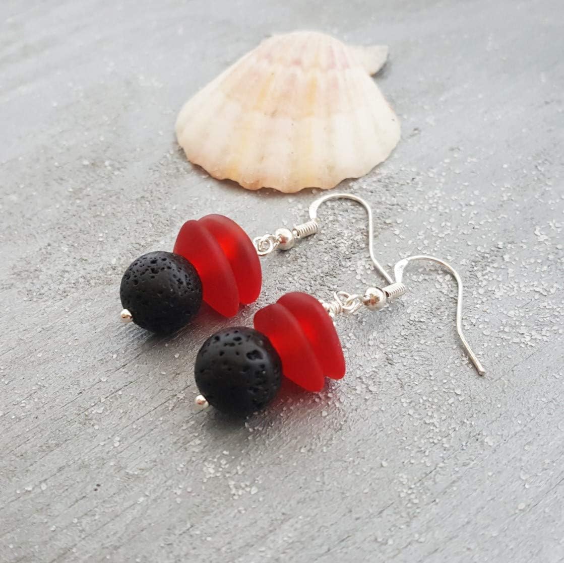 Hawaii Volcanic Eruption with "Lava and Fire" jewelry, Lava Rock and Red Sea Glass Earrings, (Hawaii Gift Wrapped, Customizable Gift Message)