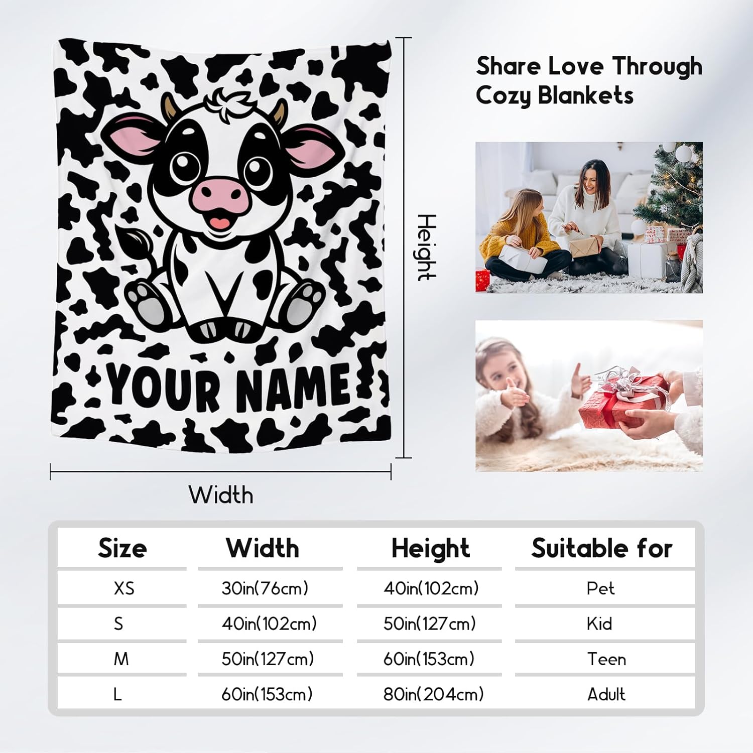 Custom Cow Blanket, Cozy Soft Throw Gifts for Boys, Cute White Flannel Throw Blankets for Couch Office, 50x60 Inches