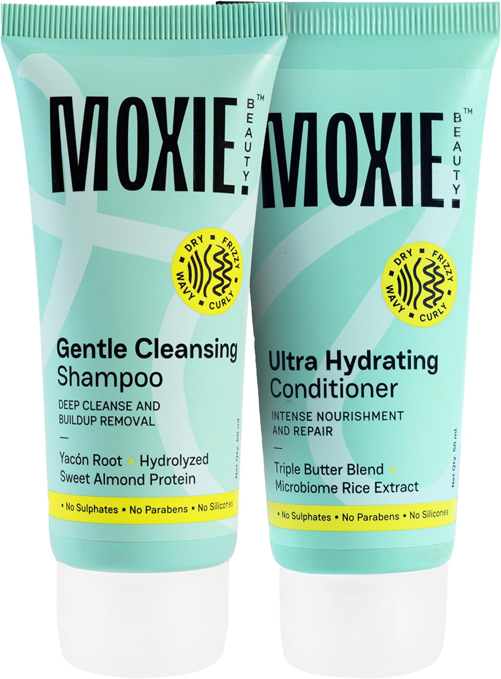 - Moxie Beauty Sulphate & Paraben Free Shampoo and Conditioner Travel Combo for Women & Men | Hydrating Shampoo Conditioner for Wavy, Curly & Frizzy Hair | 1.5x Stronger Hair | Rinse & Shine Travel Duo | Gentle Cleansing Shampoo (50ml) & Ultra Hydrating Conditioner (50ml)