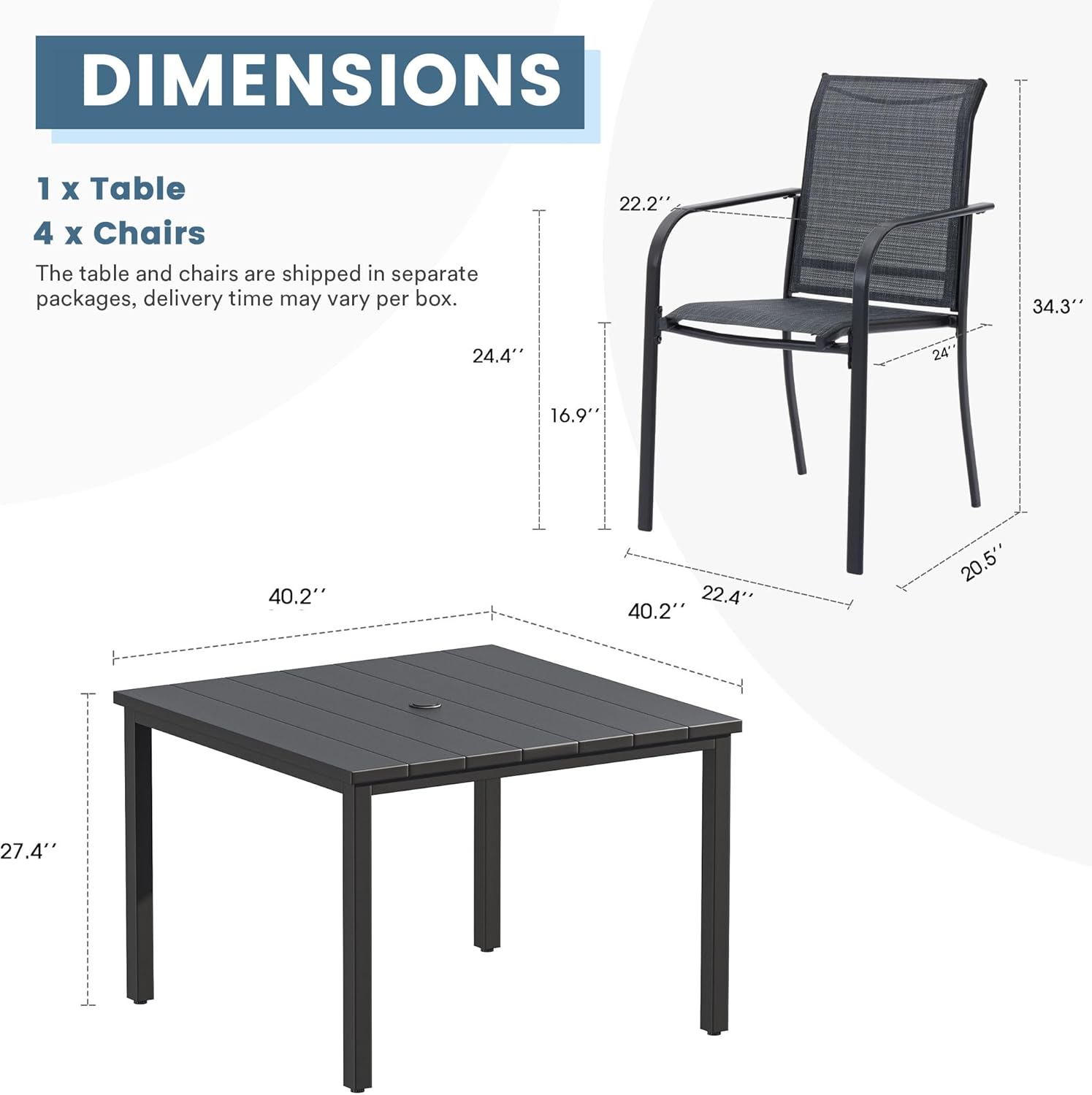 DIFY 5 Pieces Outdoor Patio Dining Set for 4, 40.2" Black Square Metal Dining Table and 4 Grey Stackable Textilene Patio Chairs, Outdoor Table and Chairs for Backyard Garden Poolside