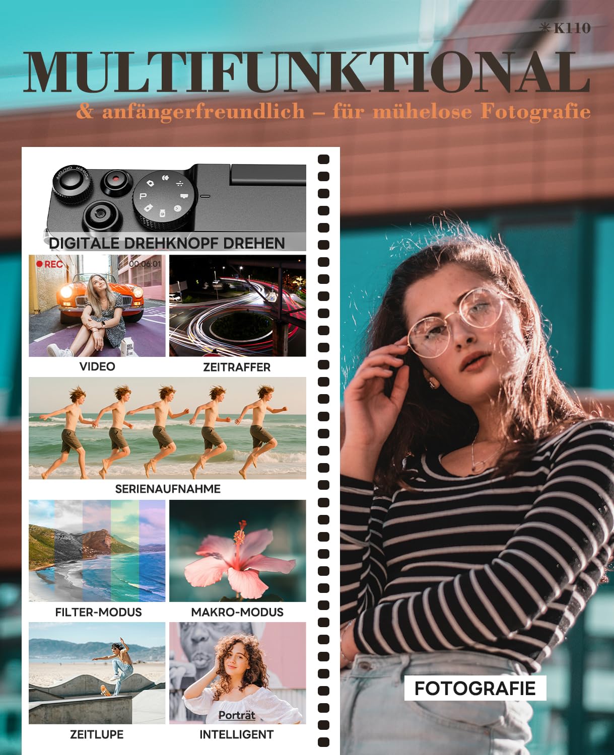 NBD 5K Digitalkamera 64MP mit Autofokus, 18X Digitalzoom | 3 Zoll 180° Klappdisplay, 2 Akkus, 32GB Karte, F1.8 Objektiv, Makromodus, Vlogging, Reisen, Anfänger