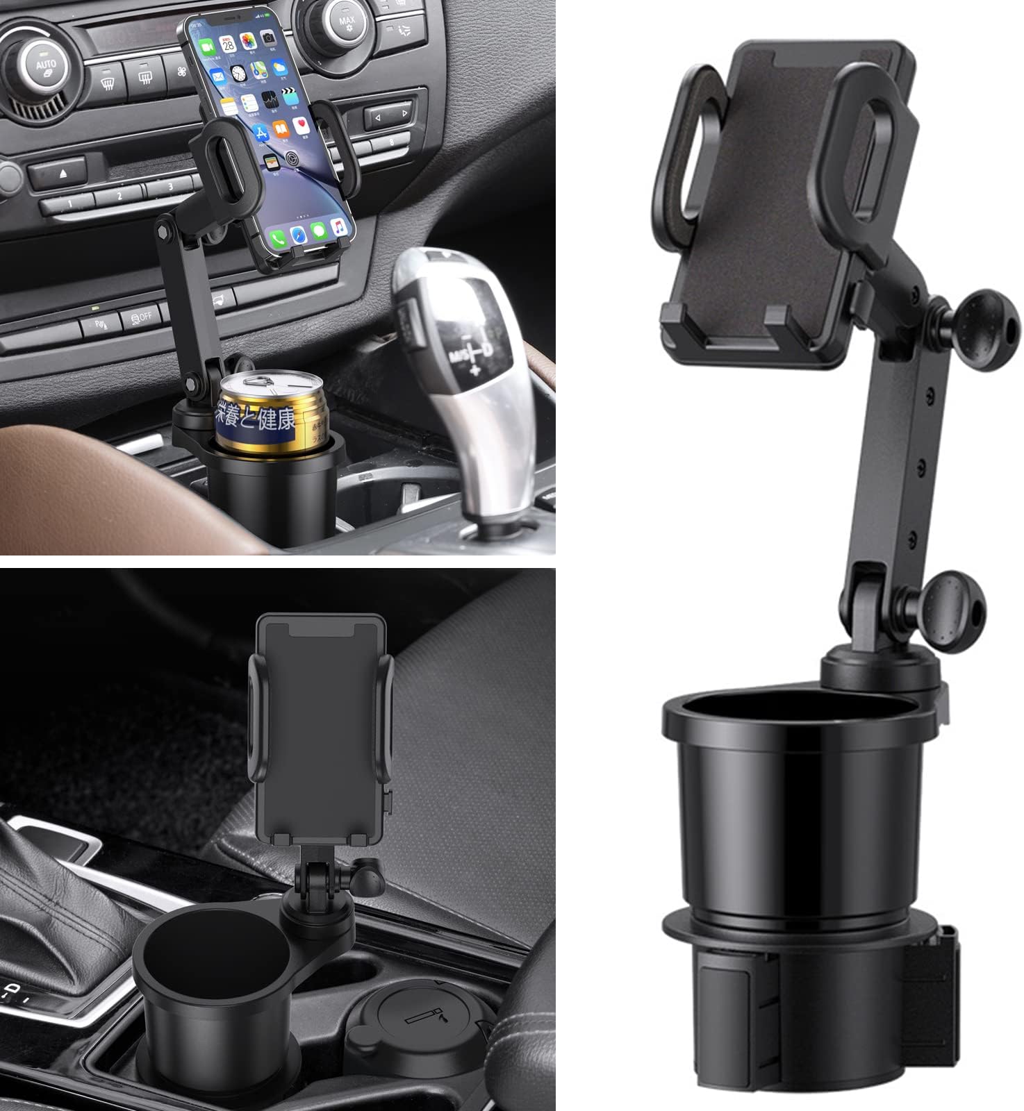 Yonput1 PC Car Cup Holder with Cellphone Mount, Multifunctional Large Car Cup Holder Expander Adapter Long Arm with 360° Rotation Compatible with iPhone, and All Smartphones (Black)
