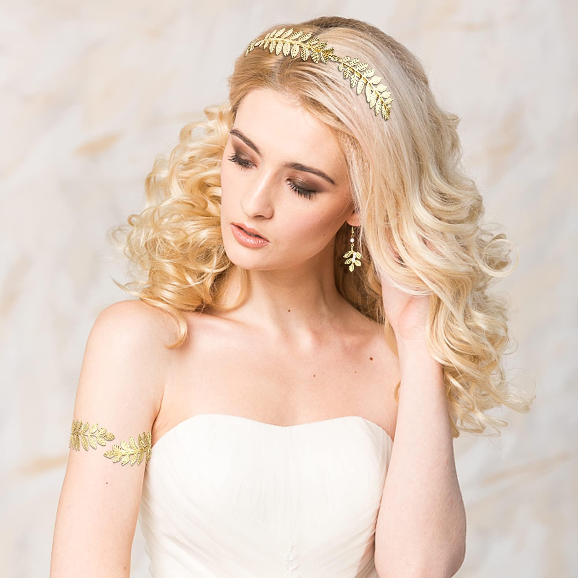 ORAZIO 6 Pezzi Costume Dea Greca Accessori Donna Gioielli Capelli Corona Alloro Bracciale Braccio Orecchini Copricapo Boho per Donne in Festa di Matrimonio Laurea Halloween