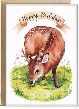 Hippowarehouse Happy Birthday cute musk deer watercolour Birthday Card A5 Personalised with envelope for him for her Funny Cards for Men and Women Blank inside option