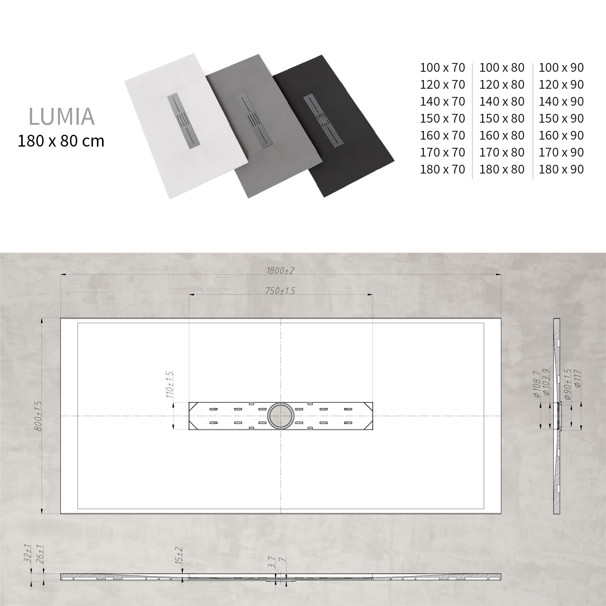 Plato de ducha Lumia 80x180 cm cm Negro RAL7021 - Antideslizante, Textura Pizarra, Resistente, Duradero, Fácil Limpiar - Incluye Sifón en el centro y Tapa en Acero Inoxidable