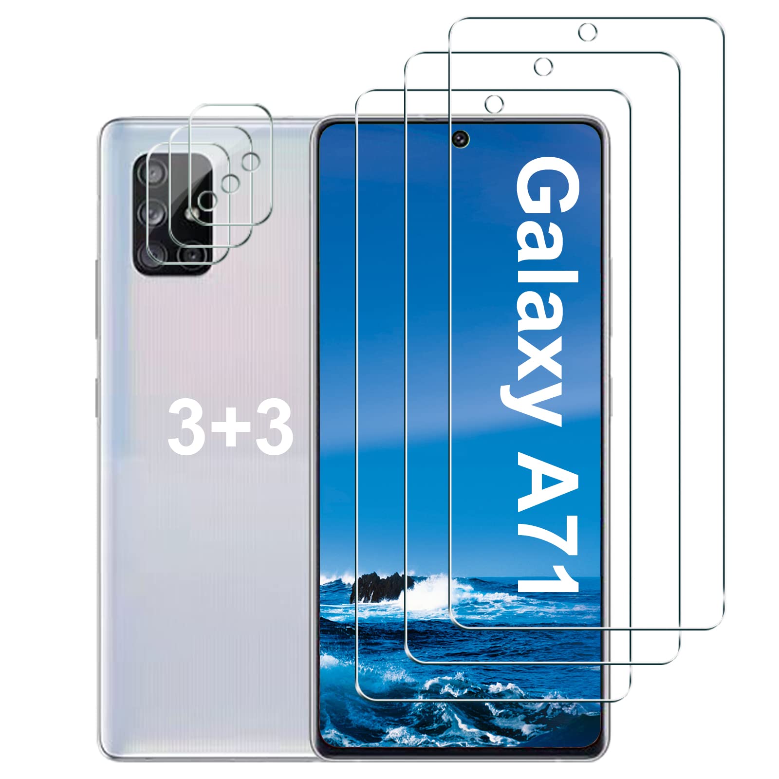 [3+3 Pack] Galaxy A71 Screen Protector Camera Lens Protector, HD Tempered  Glass Film Compatible for Samsung Galaxy A71 4G/5G/5G UW, 9H Hardness