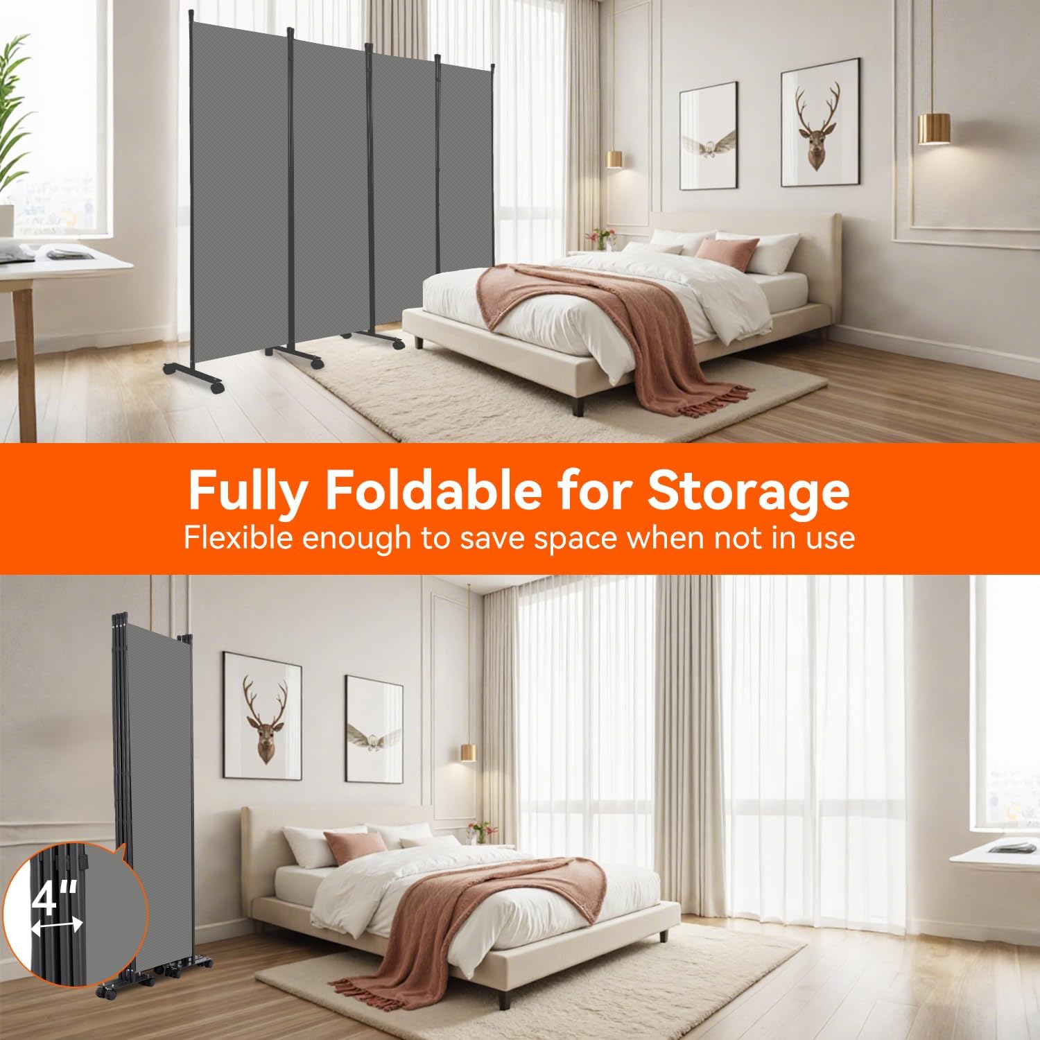 Room Divider 88''W Wall Divider for Room Partition (Heavy Duty Base) 4 Panel Partition Room Dividers, Freestanding Room Divider Screen Separation W/Wheels Folding Privacy Screen Panel Space Separator