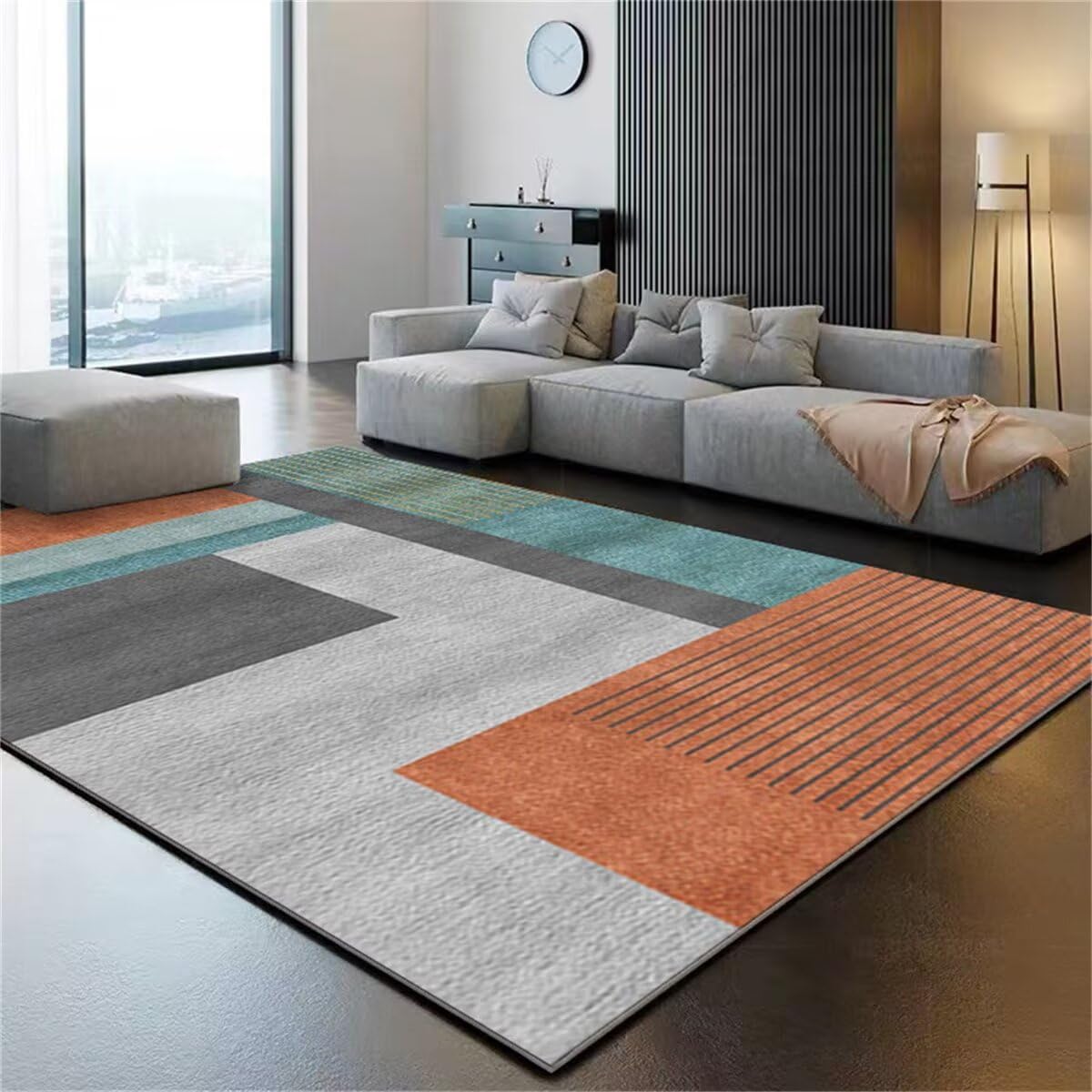 Tapis de salon géométrique orange et gris pour un intérieur chaleureux et accueillant