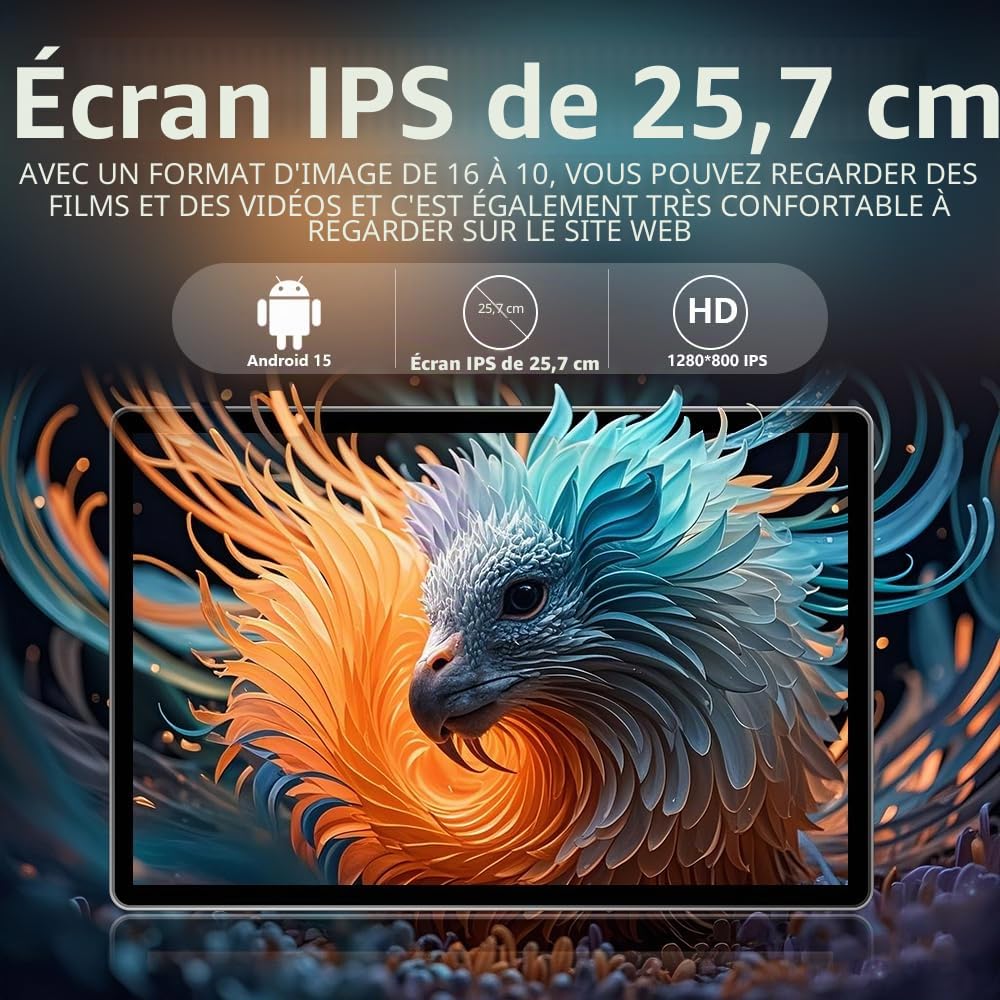 Crelander Tablette Android 15 10,1 ", 12 Go + 128 Go, batterie 8000 mAh, écran tactile 1280 x 800, Bluetooth/WiFi 5G, ensemble avec étui, clavier, souris et stylet (bleu)