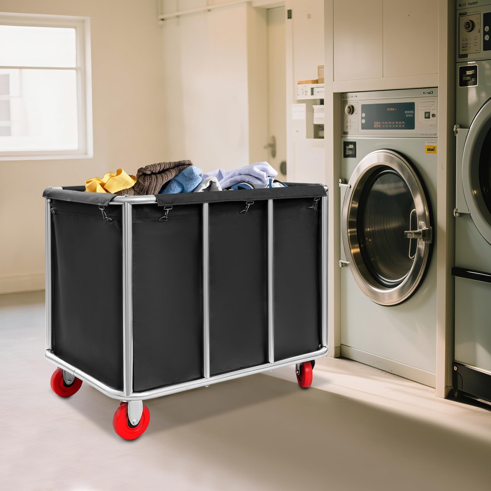 Chariot à linge en acier inoxydable avec roulettes, panier à linge commercial, capacité de charge jusqu'à 200 kg, 90 x 65 x 80 cm (noir)