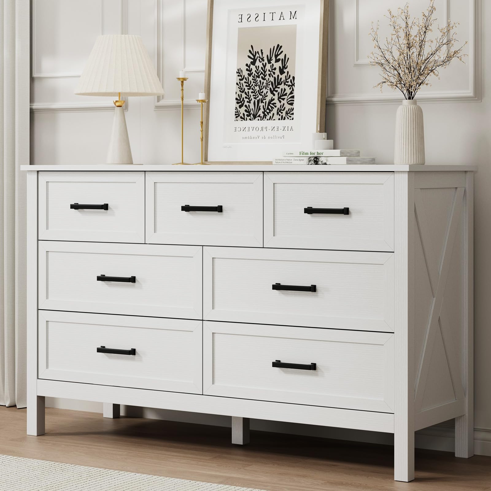 LYNSOM Farmhouse 7 Drawers Dresser for Bedroom, Wood Rustic Wide Chest of Drawers with Deep Drawers, Metal Handle, Storage Dressers Organizer for