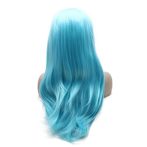 Miniatura 4 de iwonawig Straight Blue Wig Lace Front Synthetic Half Hand Tied Long Light Sky Blue Wig