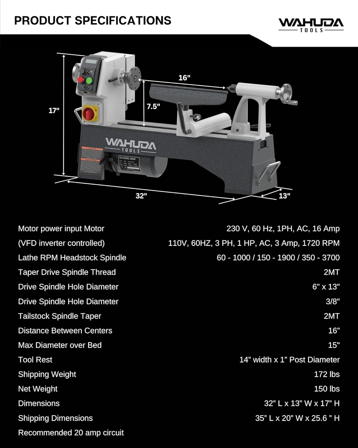 Benchtop 15" Variable Speed Wood Lathe w/induction motor