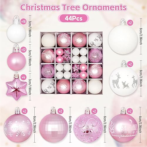 Miniatura 2 de 44 bolas de Navidad, decoración de árbol de Navidad, adornos para colgar en el árbol de Navidad, surtido, rosa y blanco