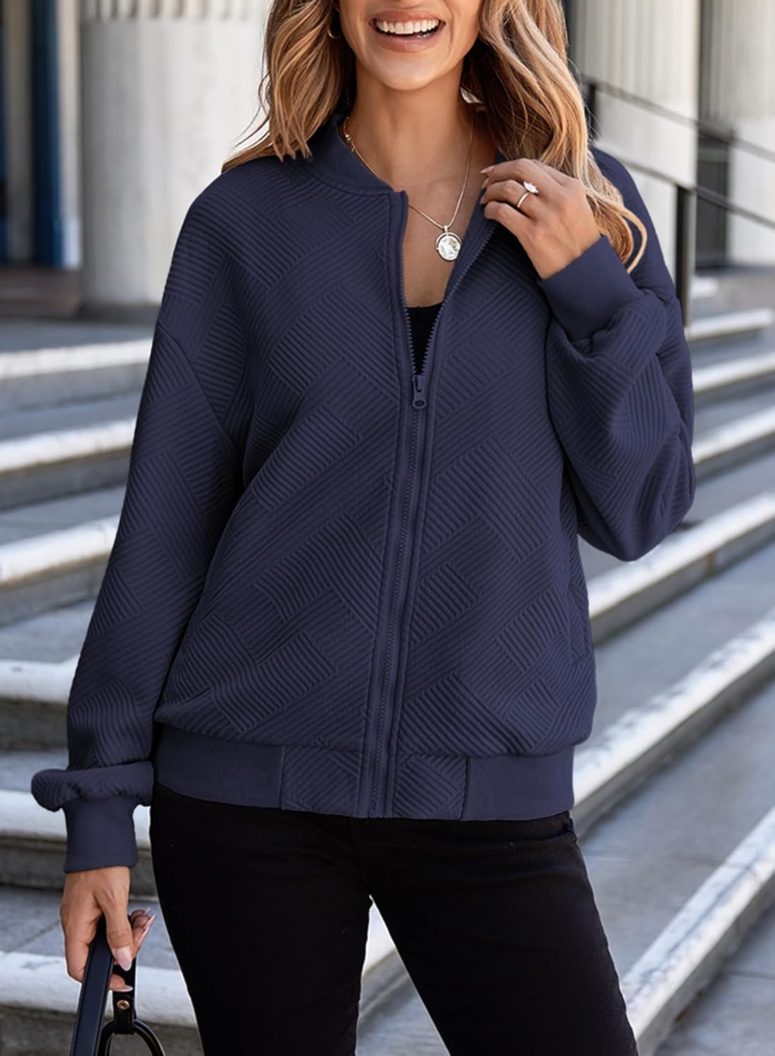 EVALESS Womens Bomber Jacket Coat Casual Stand Collar Zip Up Lightweight Fall Fashion Jackets Outfits with Pockets - Image 3