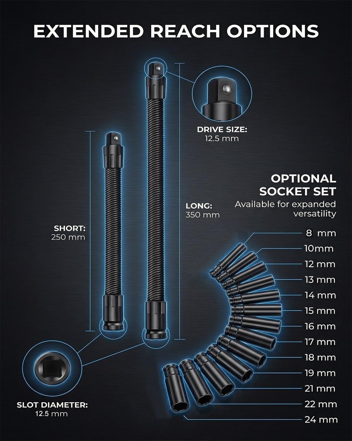 1/2 Flexible Shaft Extension Extender Torque Socket, Flexible Ratchet Extension Tool for Tight Spaces, Electric Wrench Connecting Rod, Wrench Attachment for Auto Repair, Garage Use(10"+14"+Socket Set)