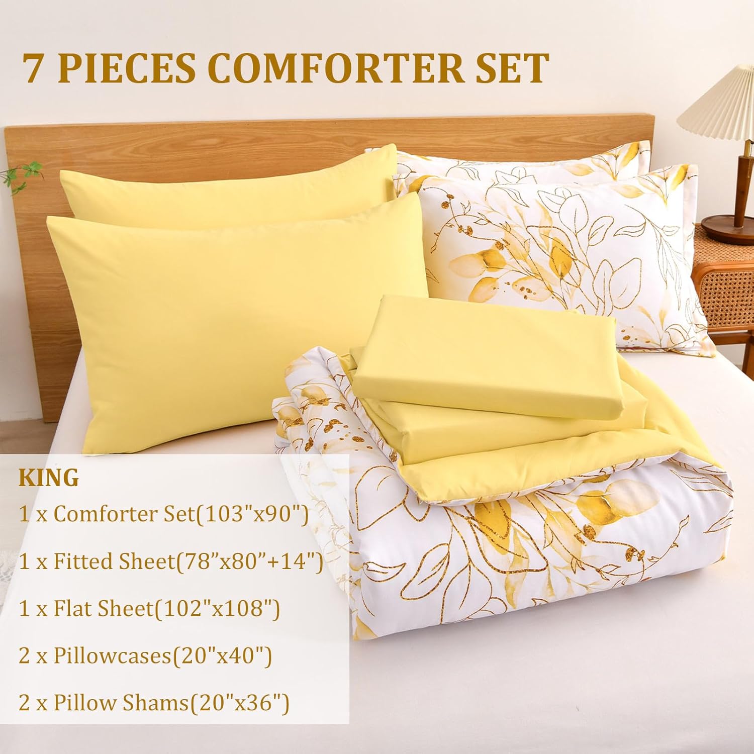 WONGS BEDDING Yellow Comforter Set King, 7 Pieces Botanical Bed in a Bag Comforter Gloden Leaves Bedding Set Soft Microfiber King(1 Comforter,2 Pillowcase,2 Pillow Shams,1 Flat Sheet,1 Fitted Sheet) - Image 4