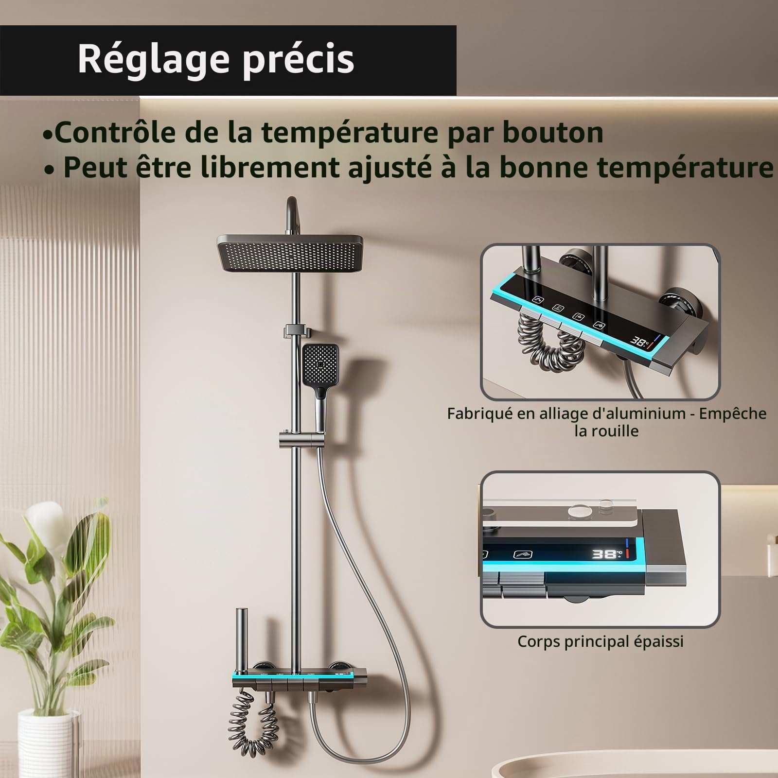 Colonne de Douche avec Écran LED Numérique et Horloge, Éclairage d’Ambiance, Robinetterie Réglable en Hauteur avec Boutons Piano et Douchette Bidet pour Salle de Bain