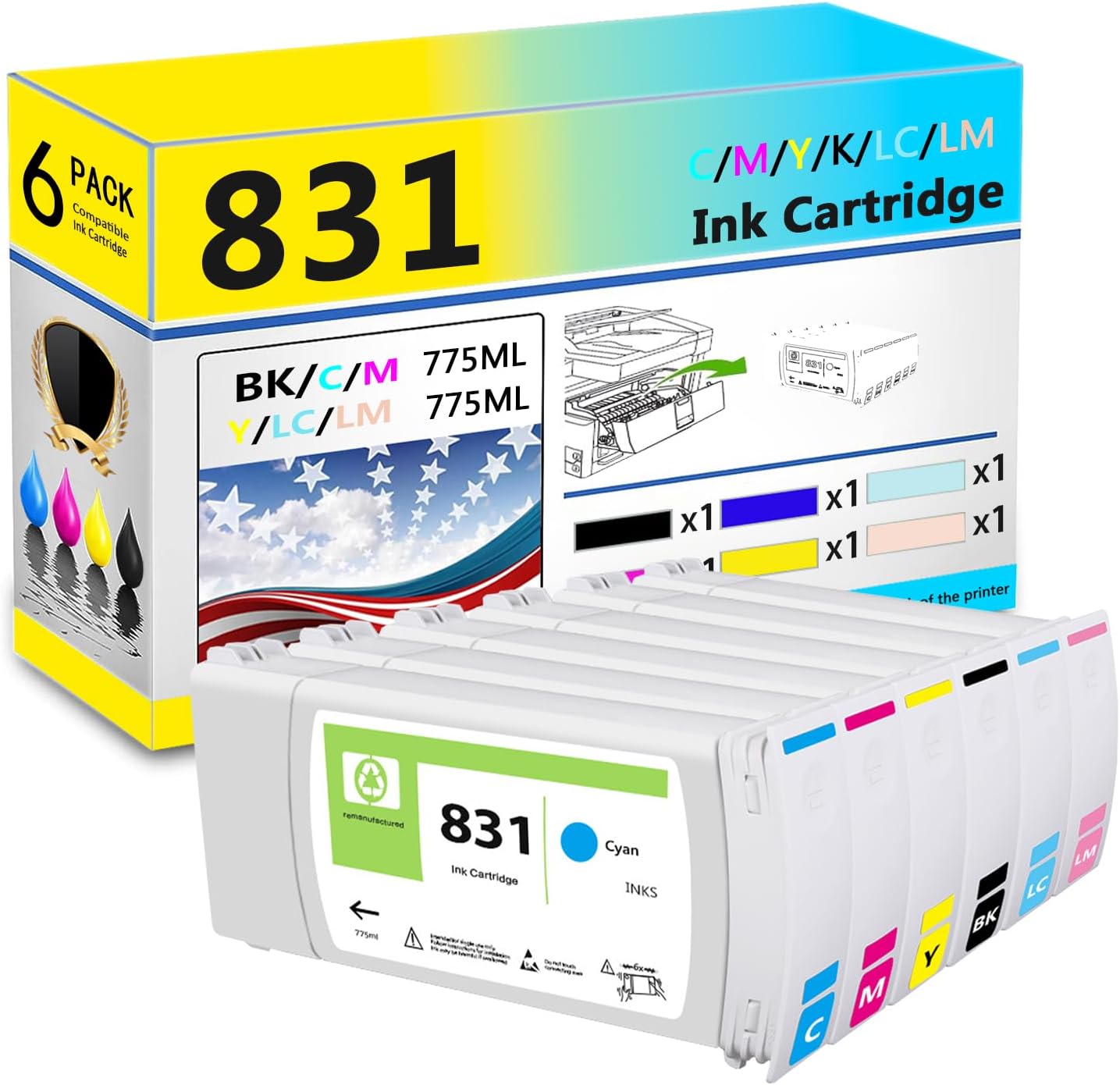 831 Ink Cartridges Compatible for HP 831BK 831C 831M 831Y 831LC 831LM Ink Cartridge Work for HP Latex 310 330 360 370 570 Printers, blue