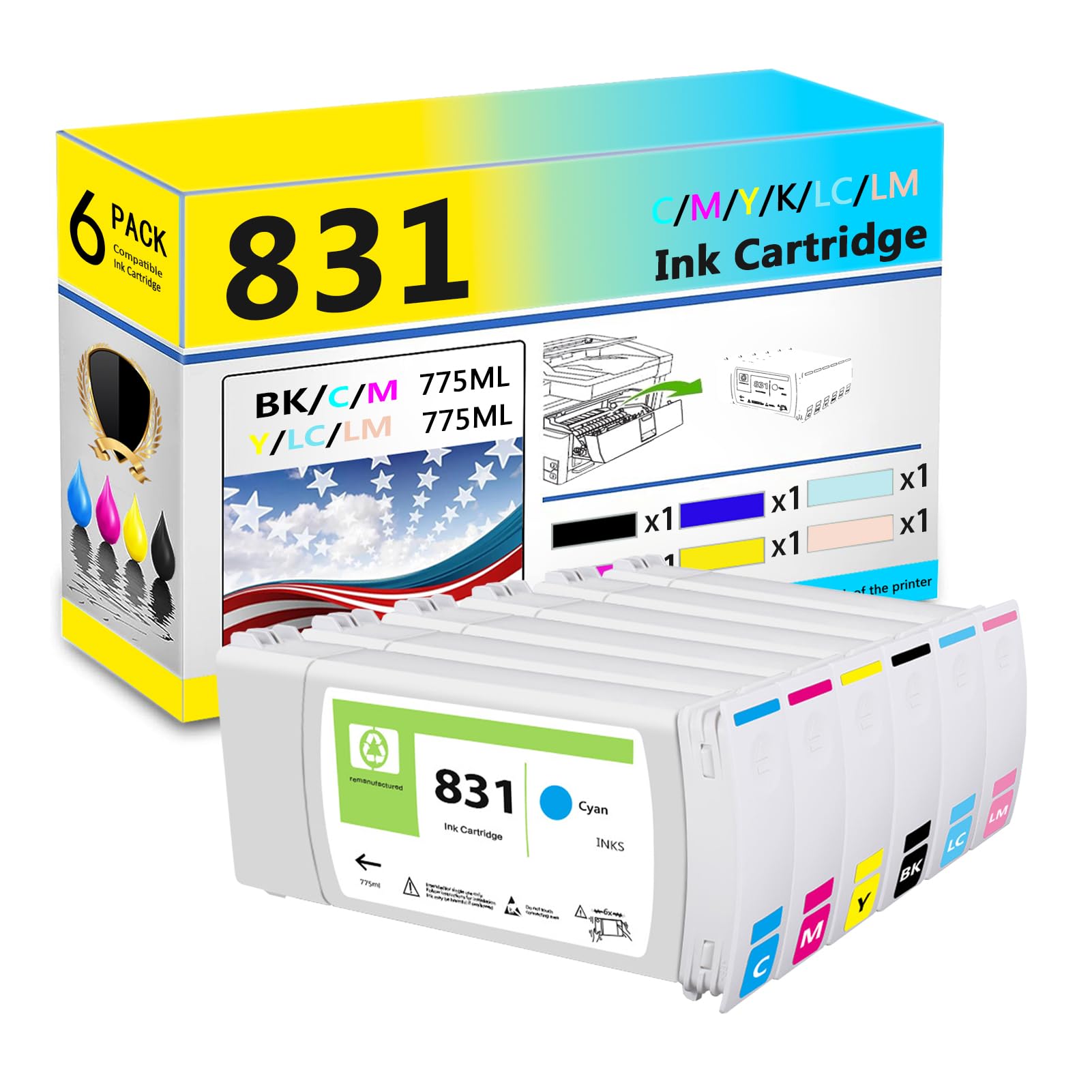 831 Ink Cartridges Compatible for HP 831BK 831C 831M 831Y 831LC 831LM Ink Cartridge Work for HP Latex 310 330 360 370 570 Printers, blue