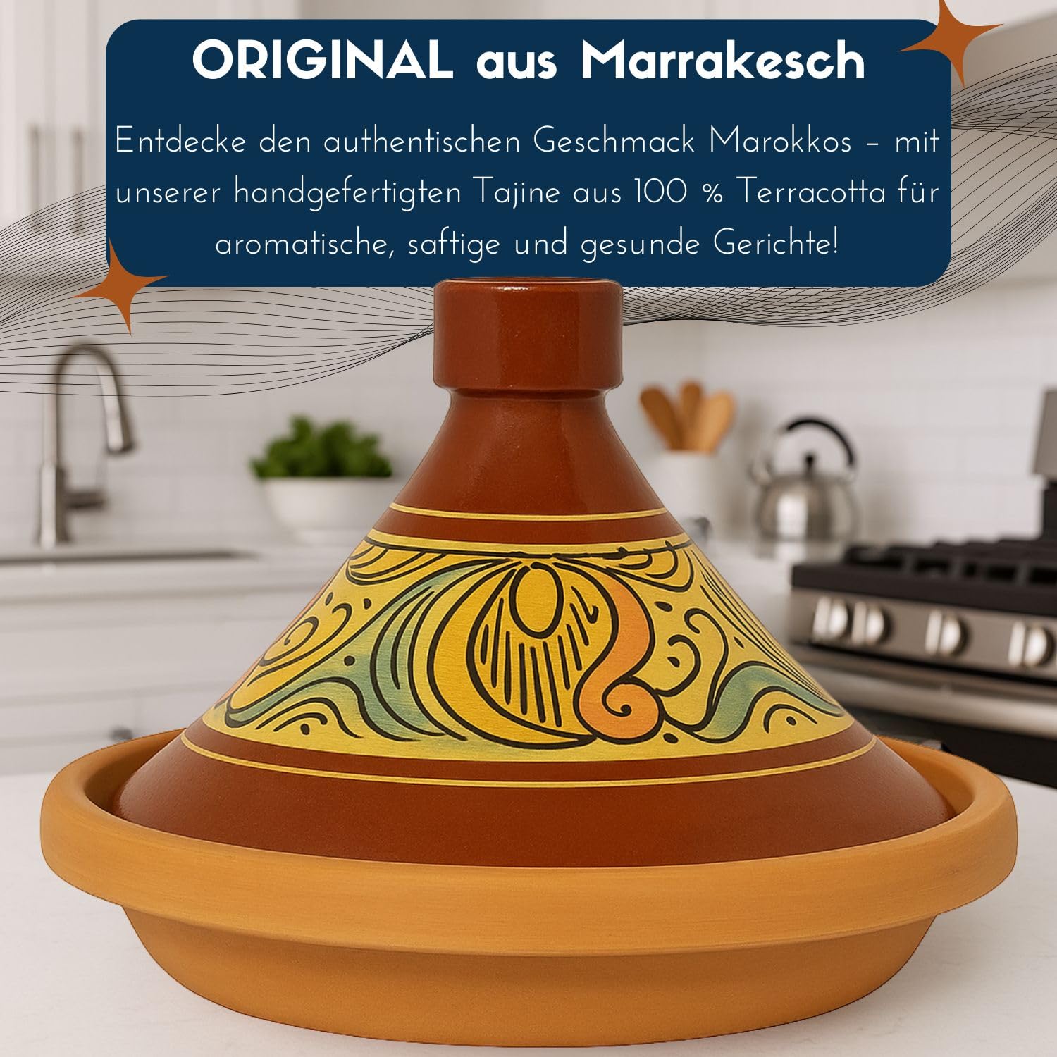 Tajine marocain pour la cuisson | Cocotte émaillée Chaouen Ø 30 cm pour 4 à 5 personnes | Avec recette et manuel d'utilisation (français non garanti) | Pot en terre cuite original fabriqué à la main